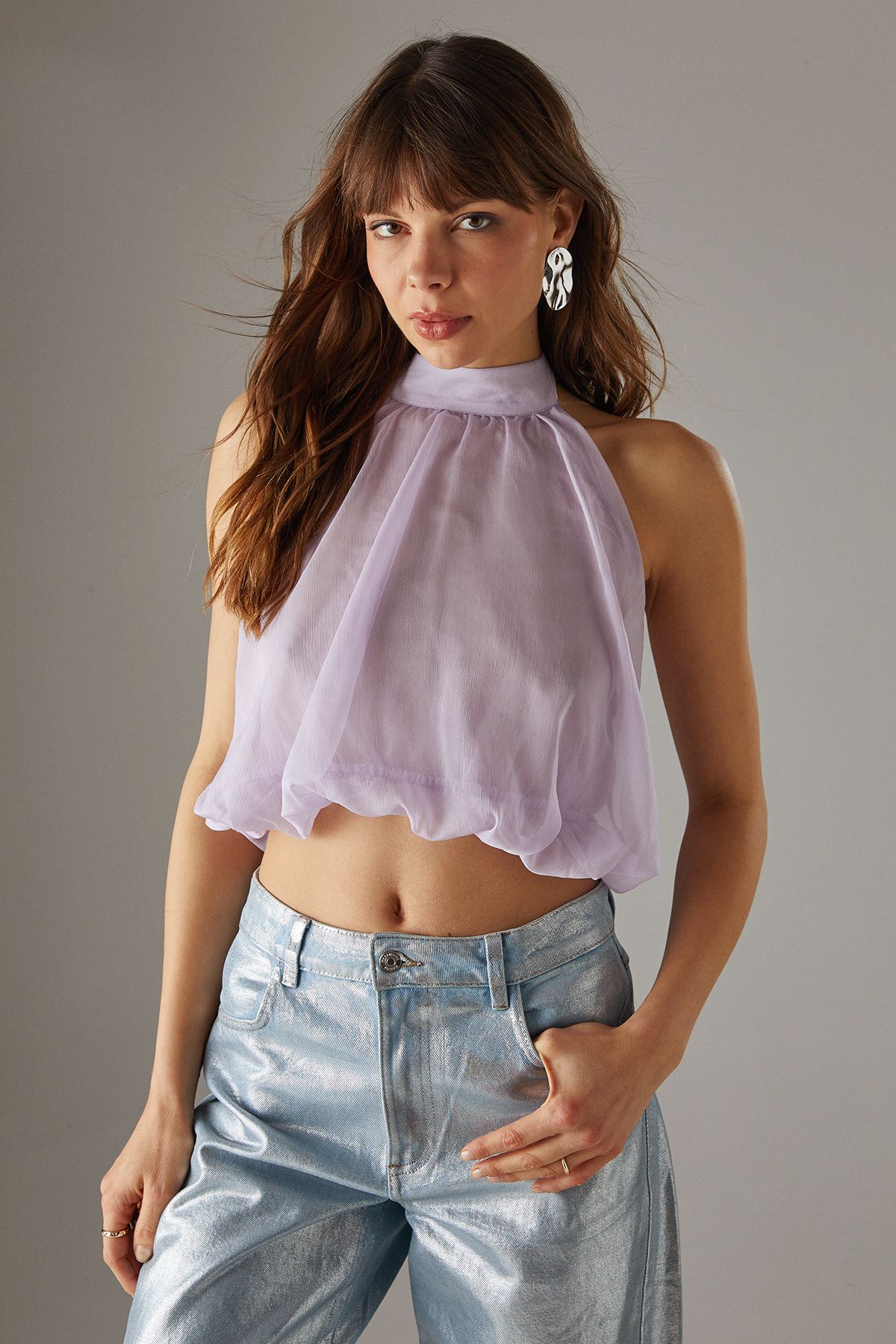 Warehouse Chiffon Halter Bubble Crop Top Lilac image 1