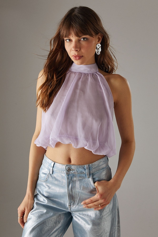 Warehouse Chiffon Halter Bubble Crop Top Lilac