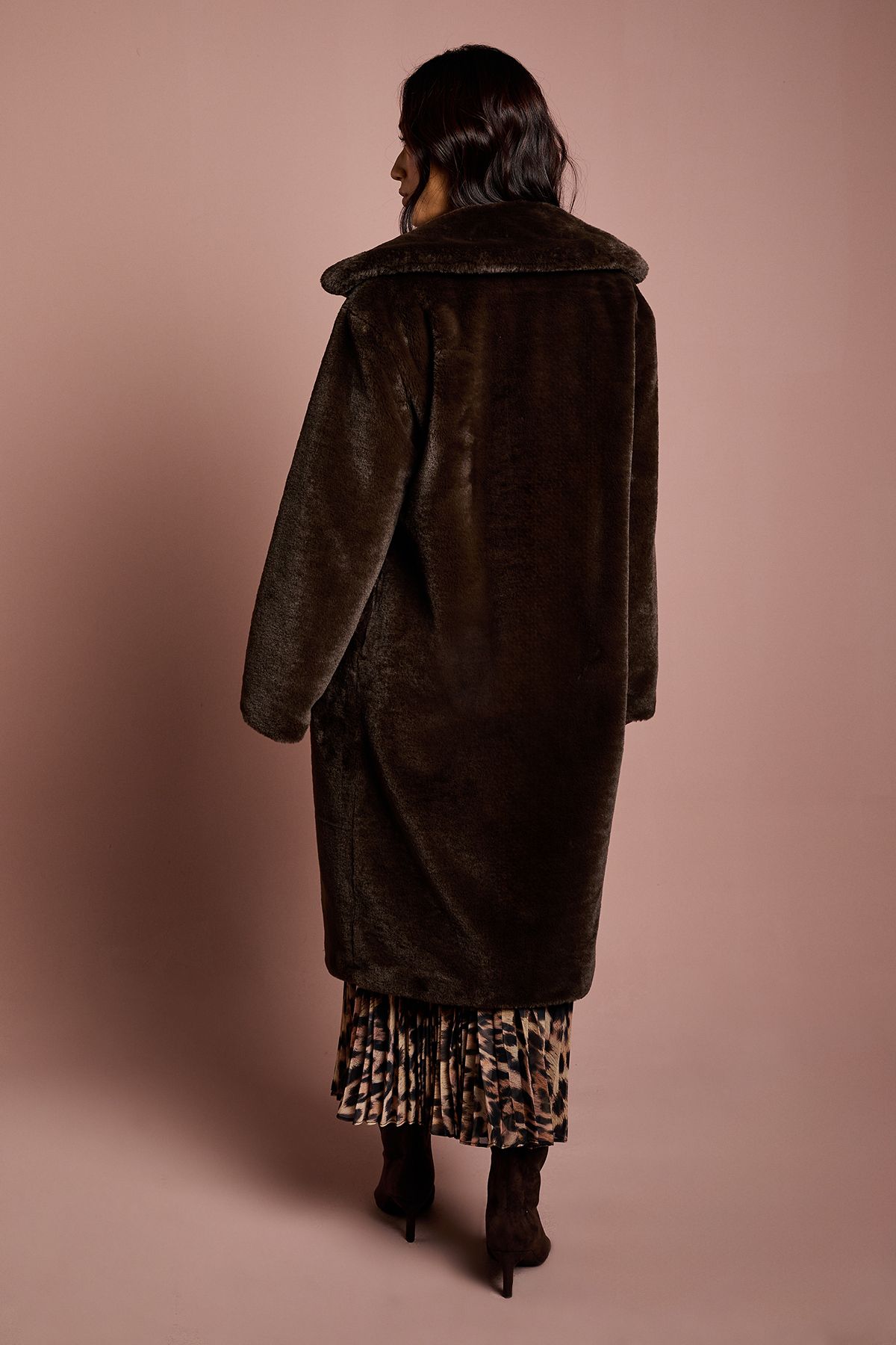 Coast Chocolate Faux Fur Longline Collared Coat Chocolate image 3