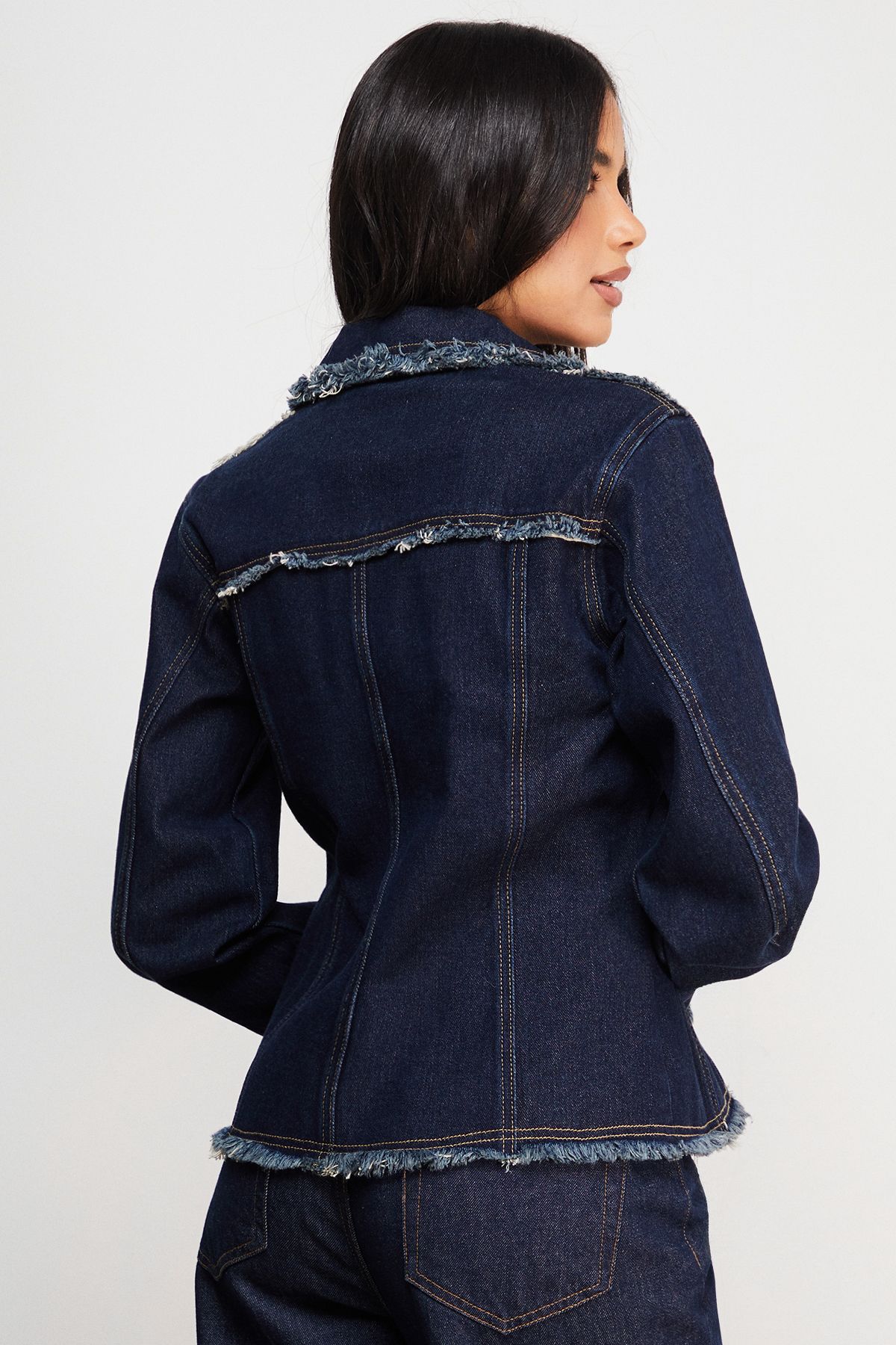 Warehouse Front Fitted Denim Jacket With Frayed Hem Indigo image 3