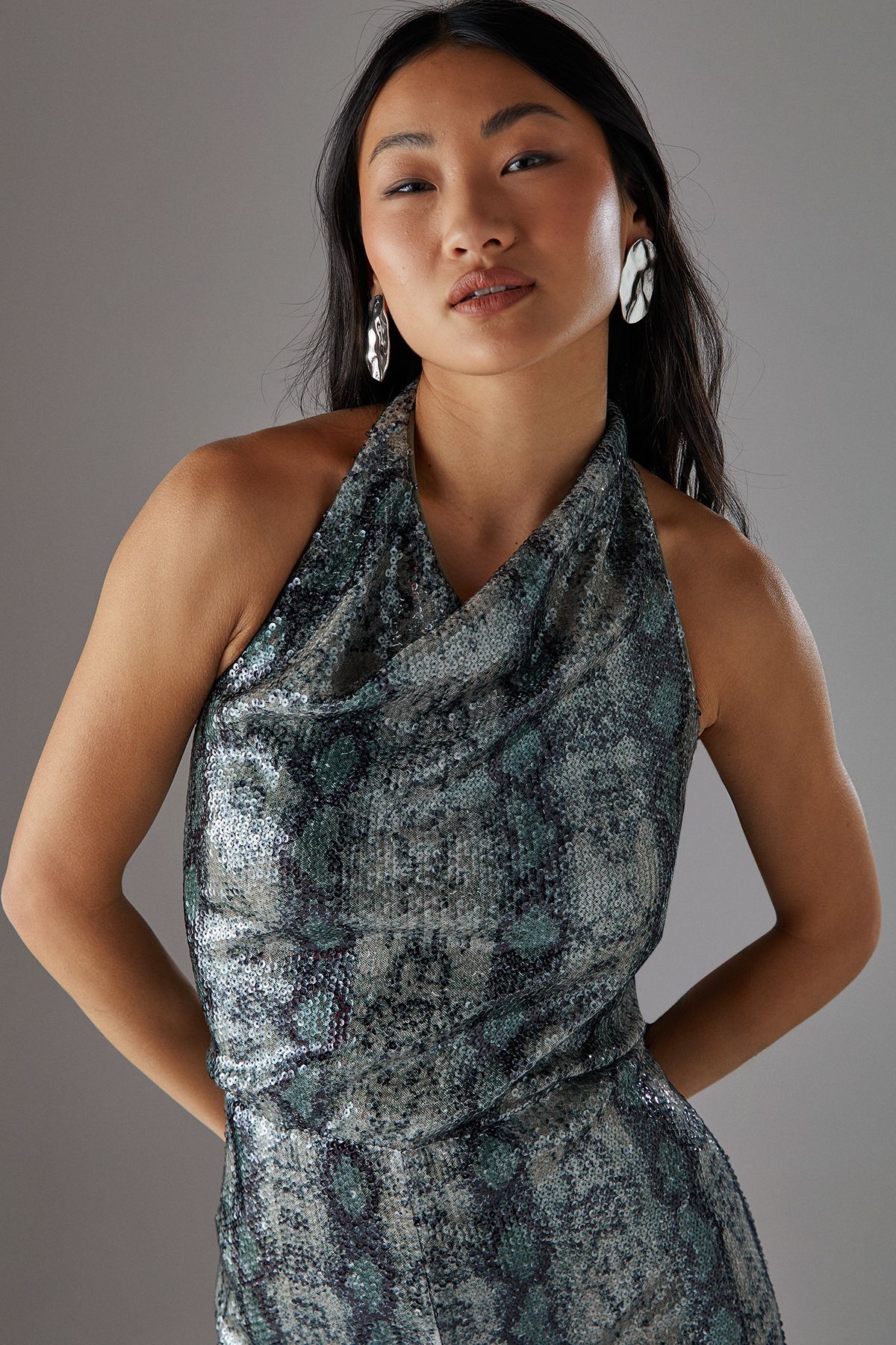 Warehouse Petite Snake Sequin Cowl Neck Drop Waist Jumpsuit Green image 3