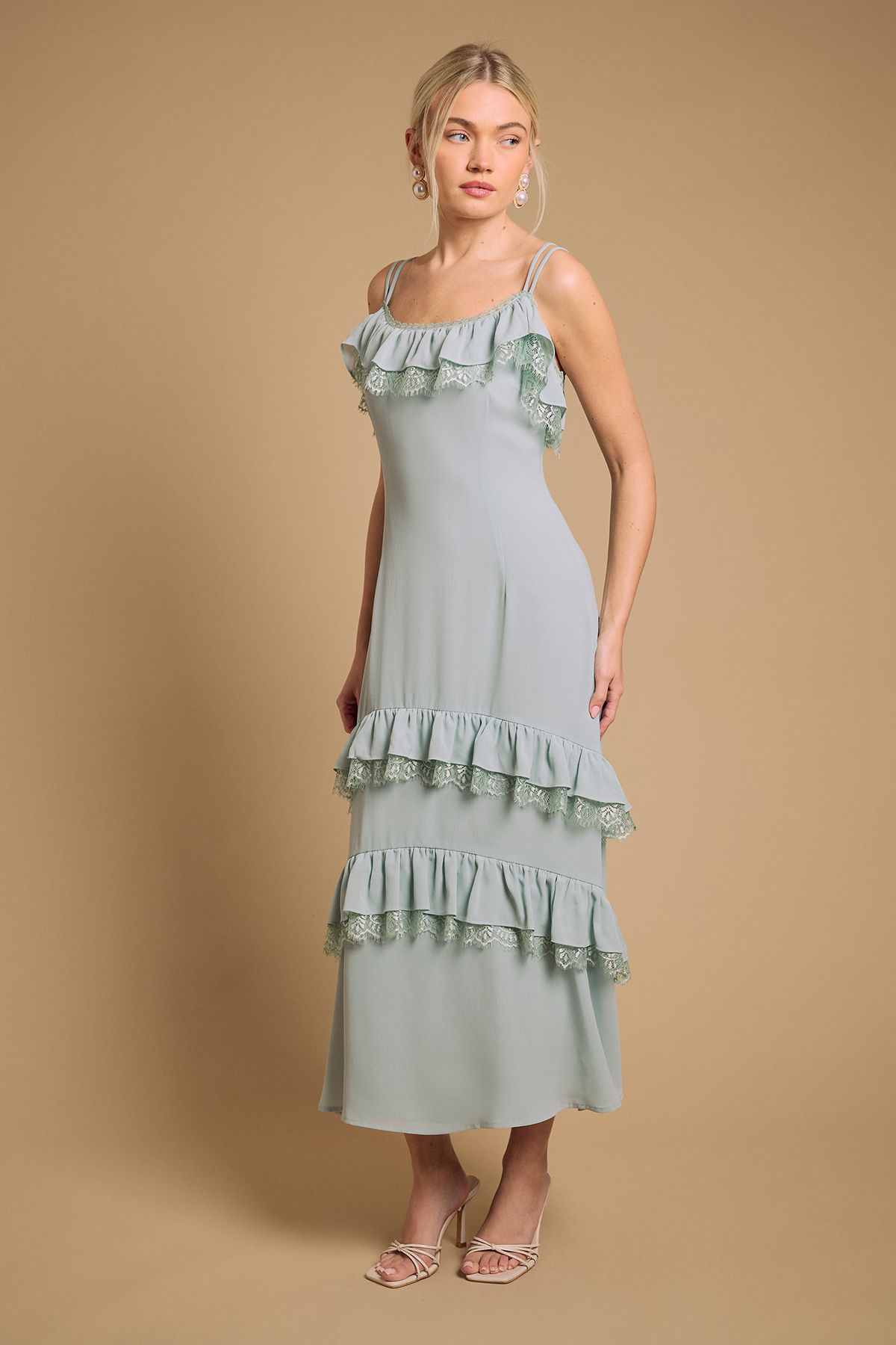 Oasis Cape Detail Ruffle Slip Midaxi Dress Mint