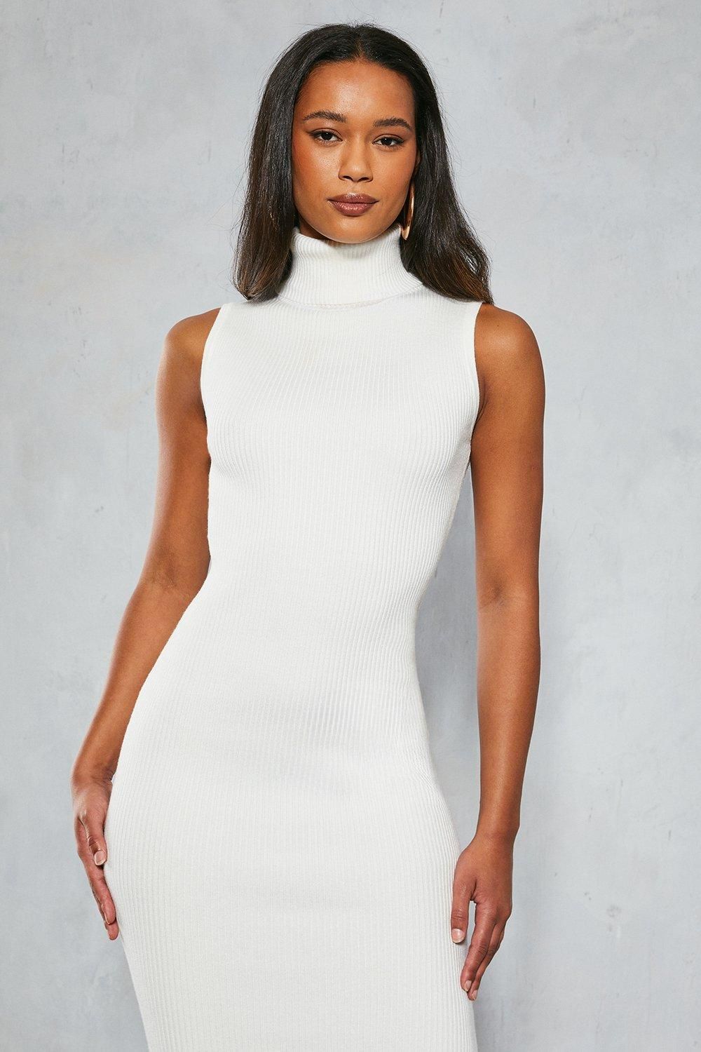 MissPap Premium Soft Knit Roll Neck Midaxi Dress White image 4