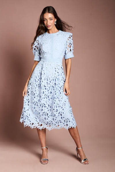 Coast Short Sleeve Lace Midi Dress Pale Blue