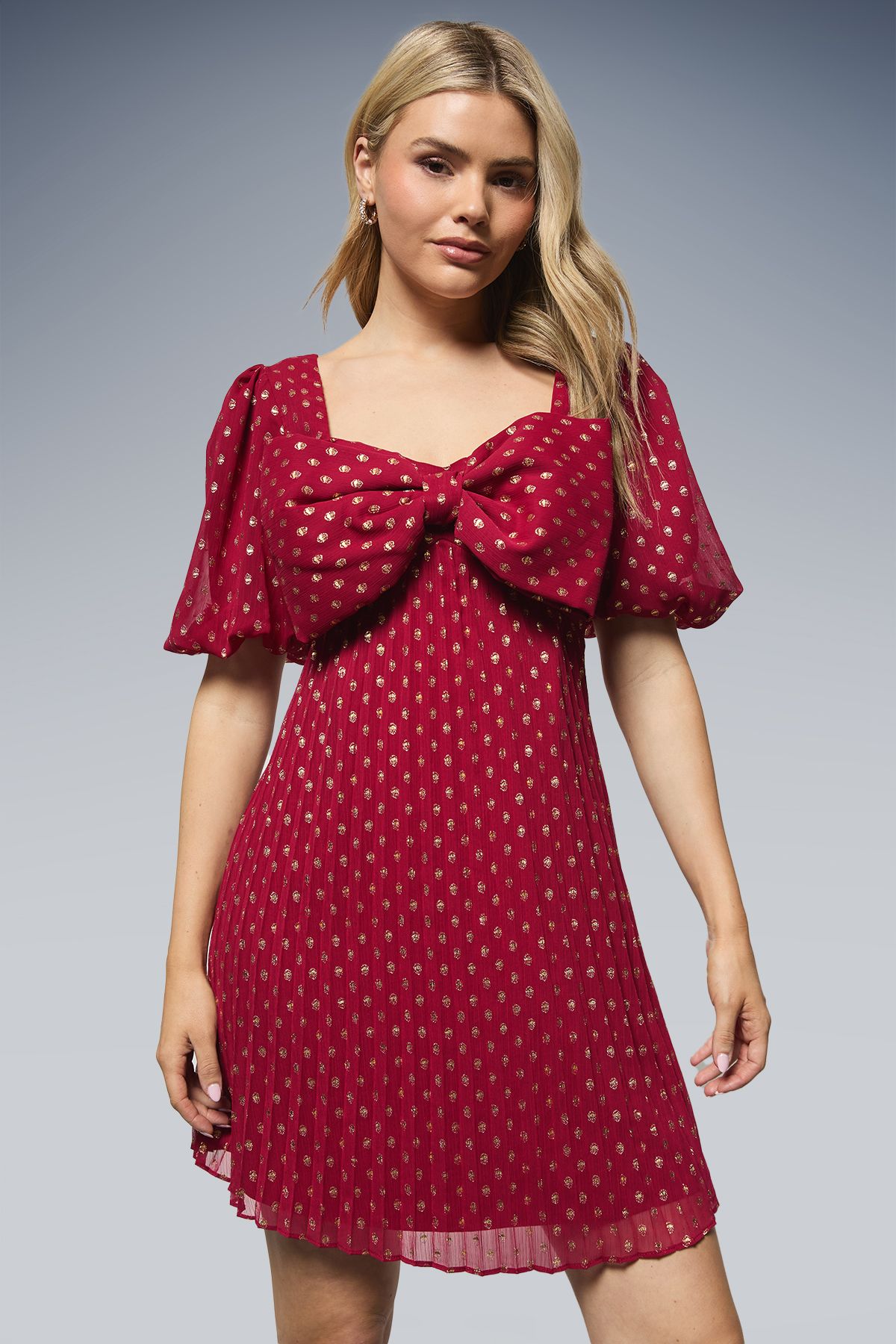 Dorothy Perkins DP Luxe Bow Front Puff Sleeve Metallic Mini Dress Red