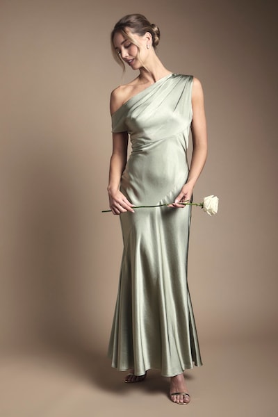 Coast Satin Off One Shoulder Slinky Bridesmaid Fishtail Maxi Dress Olive