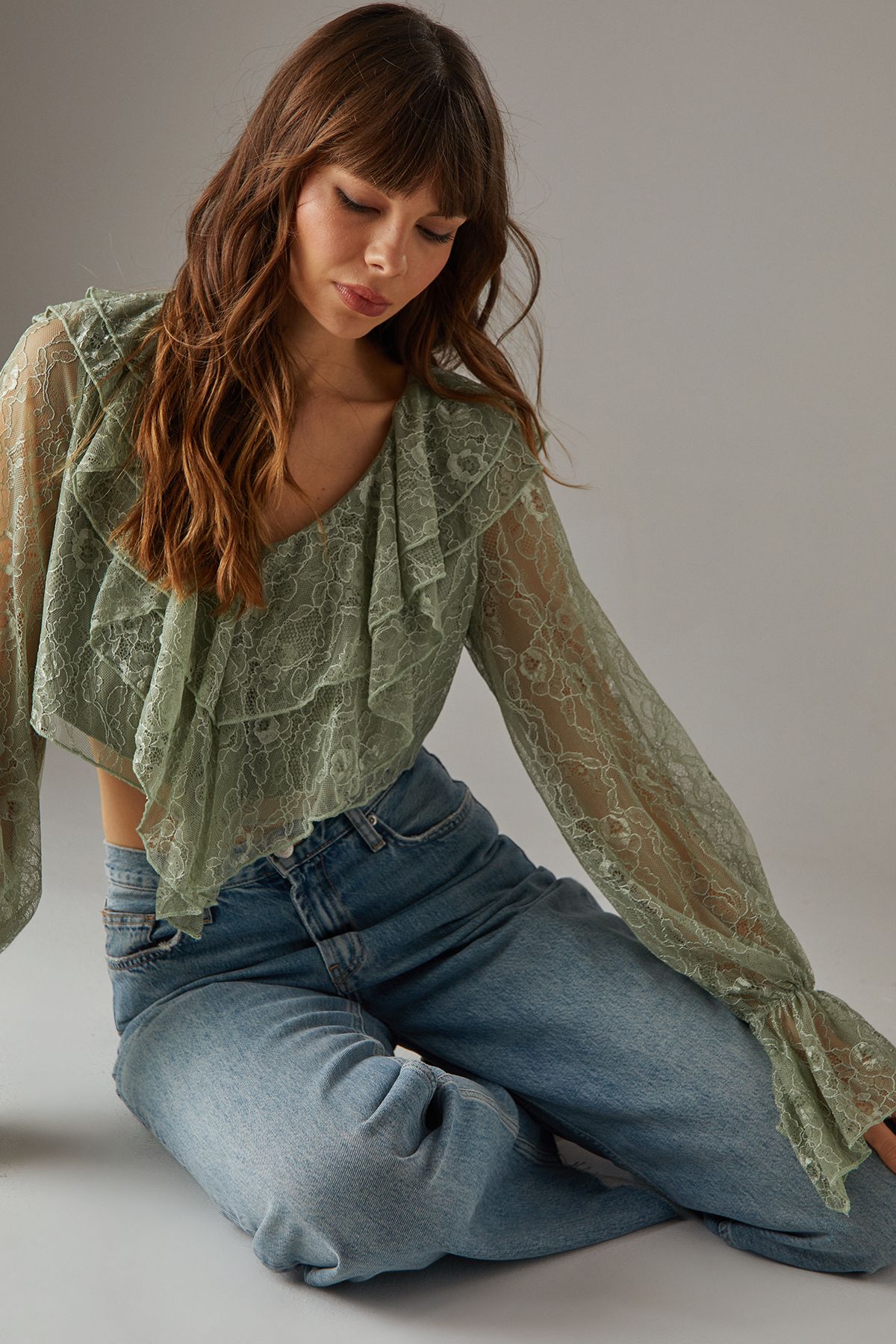 Warehouse Lace Double Ruffle Blouson Blouse Khaki image 4