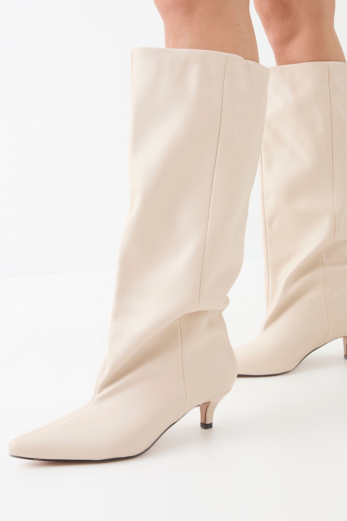 MissPap Low Stiletto Heel Knee High Boots Cream image 4