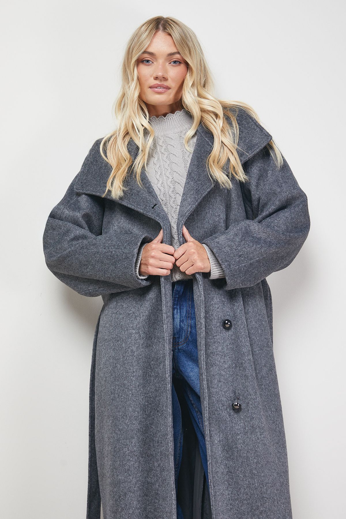 Oasis Funnel Sleeve Detail Belted Coat Grey image 2