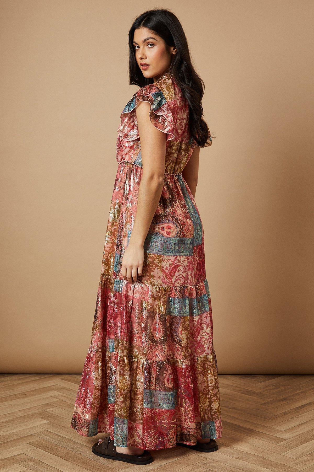 Oasis Patchwork Print Metallic Jacquard Tiered Midi Dress Multi image 4