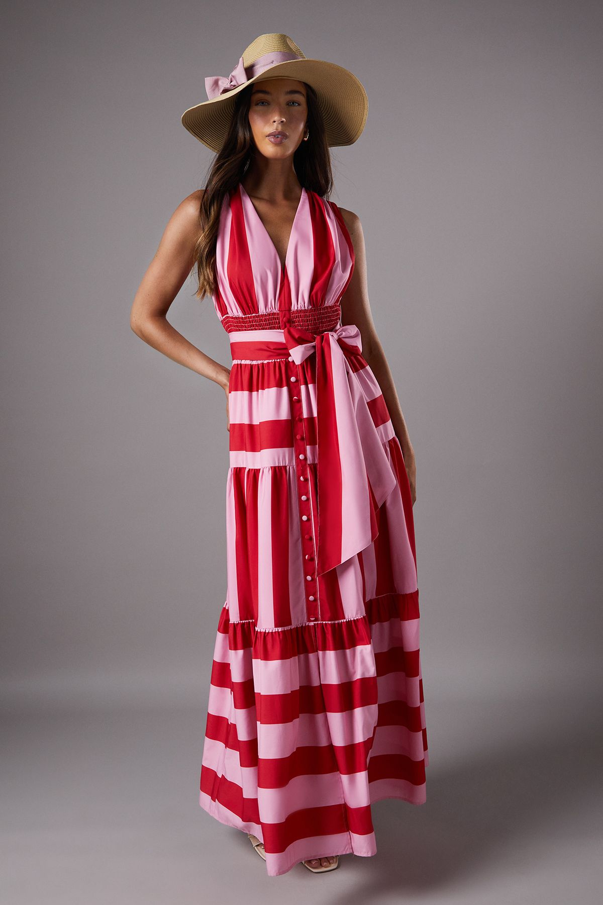 Coast Lisa Tan Polo Stripe Belted Button Through Dress Pink image 2