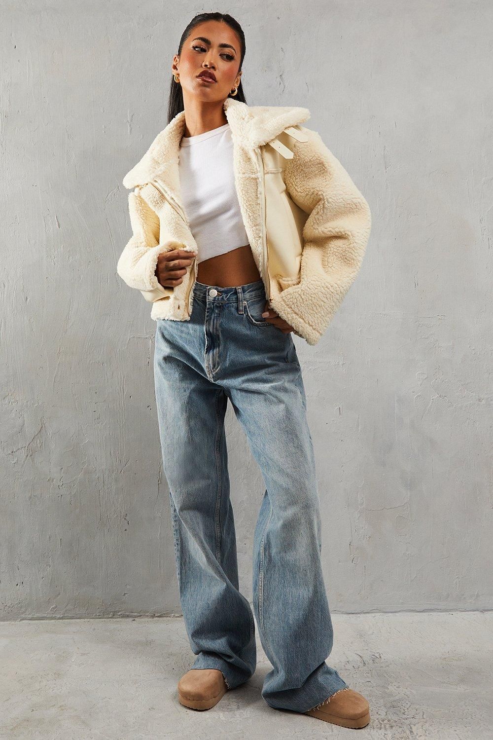 MissPap Borg Buckle Detail Cropped Aviator Jacket Cream image 4