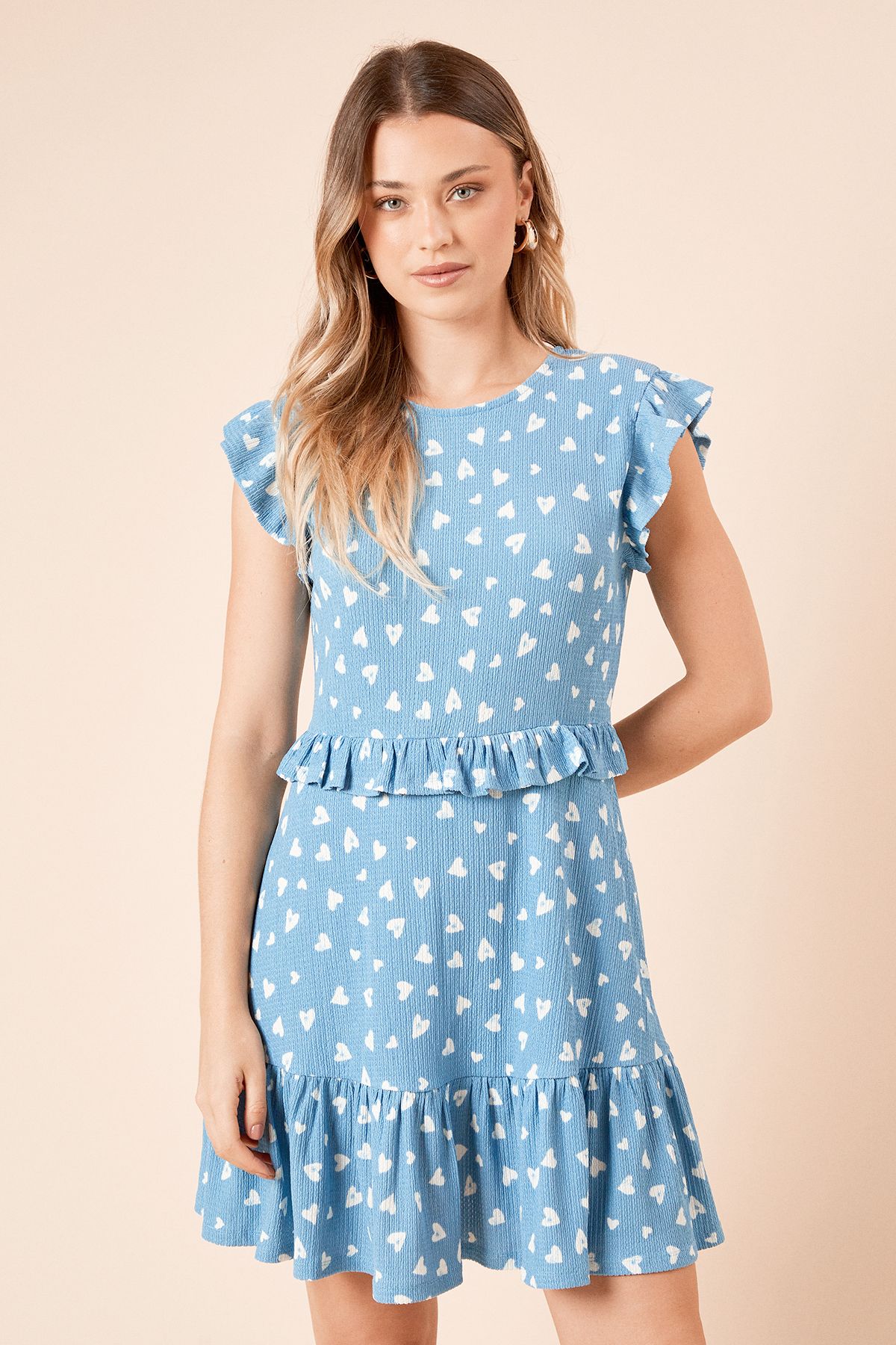 Dorothy Perkins Blue Heart Frill Detail Jersey Mini Dress Blue image 2