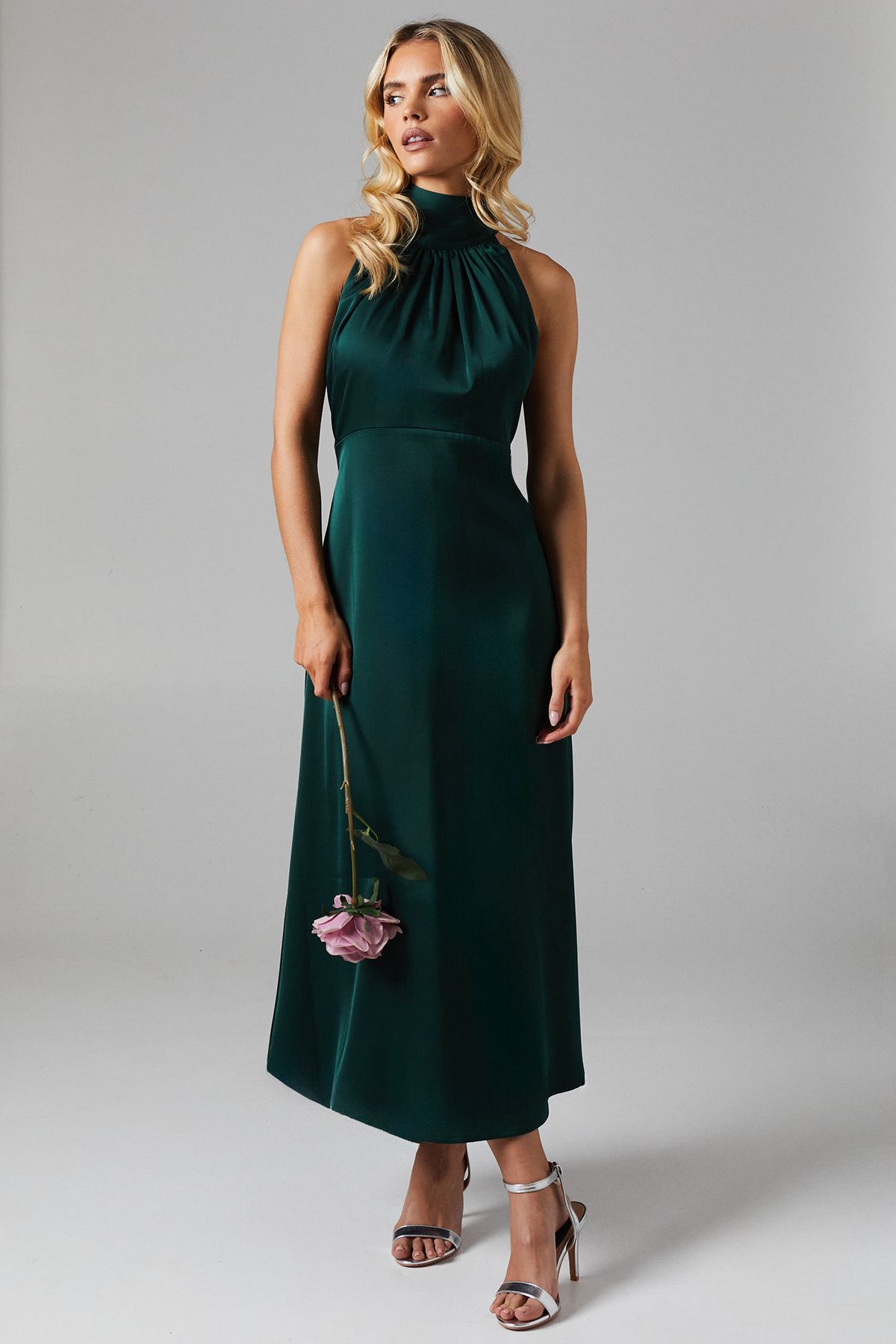 Oasis Petite Satin Halter Neck Midi Bridesmaid Dress Emerald image 1