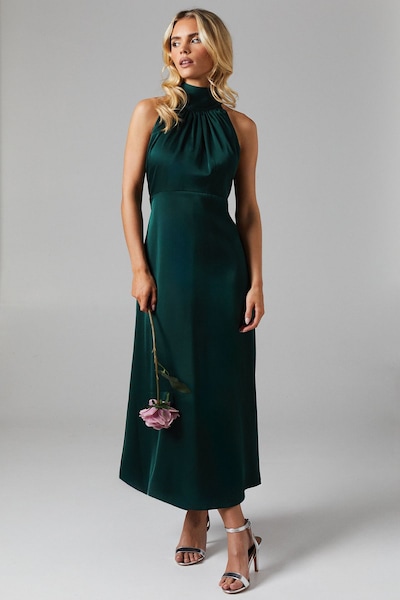 Oasis Petite Satin Halter Neck Midi Bridesmaid Dress Emerald