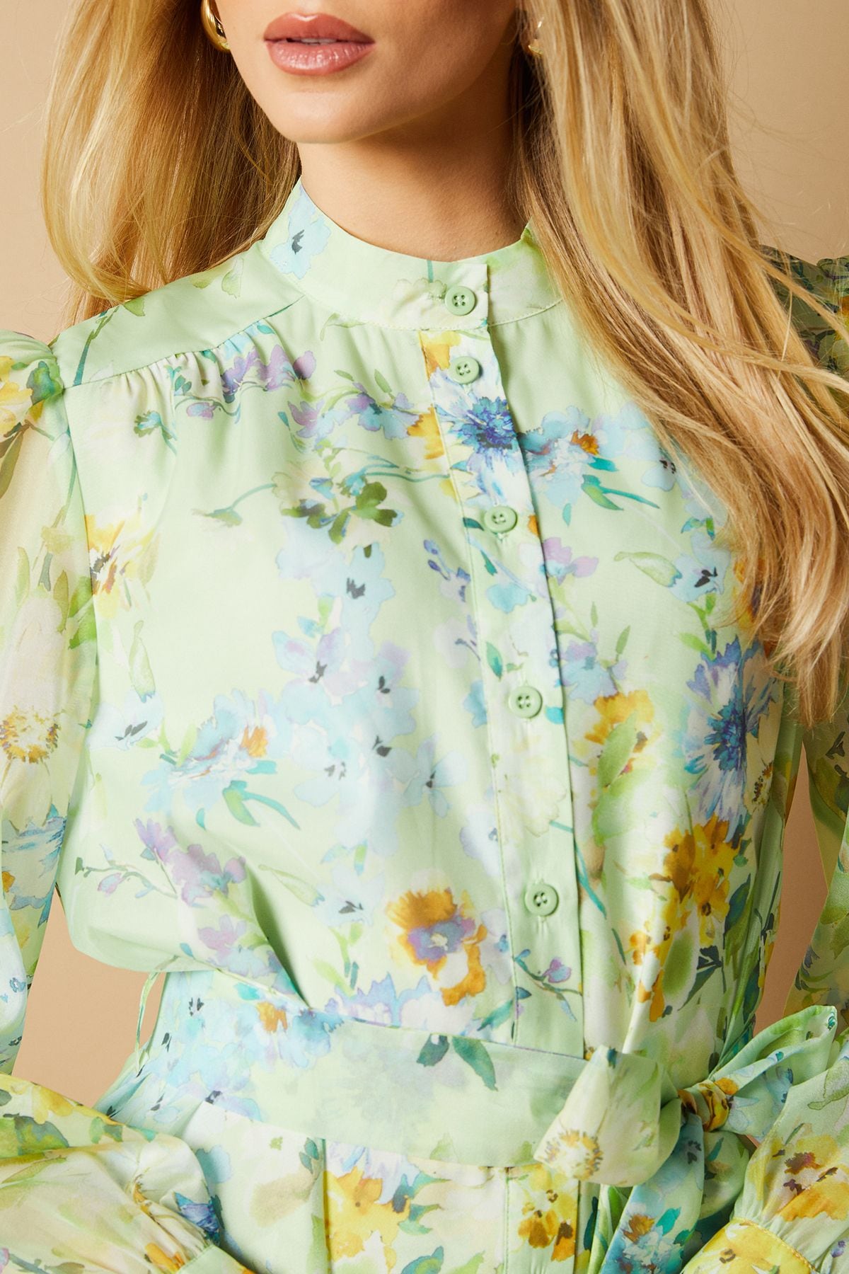 Oasis Sage Floral Organza Mini Shirt Dress Blue image 5