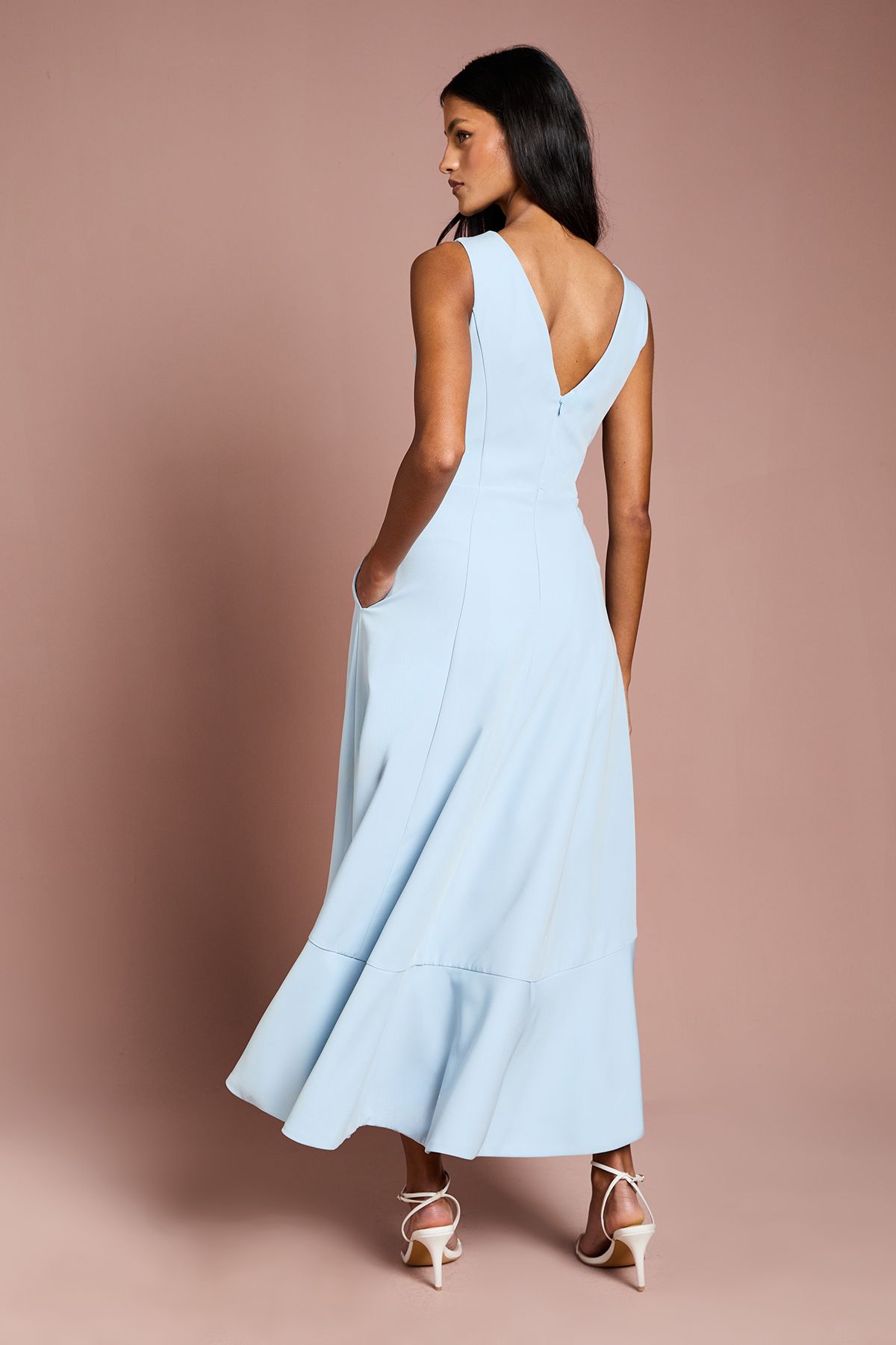 Coast Petite Crepe Ruffle Dress With Low Back Pale Blue image 3