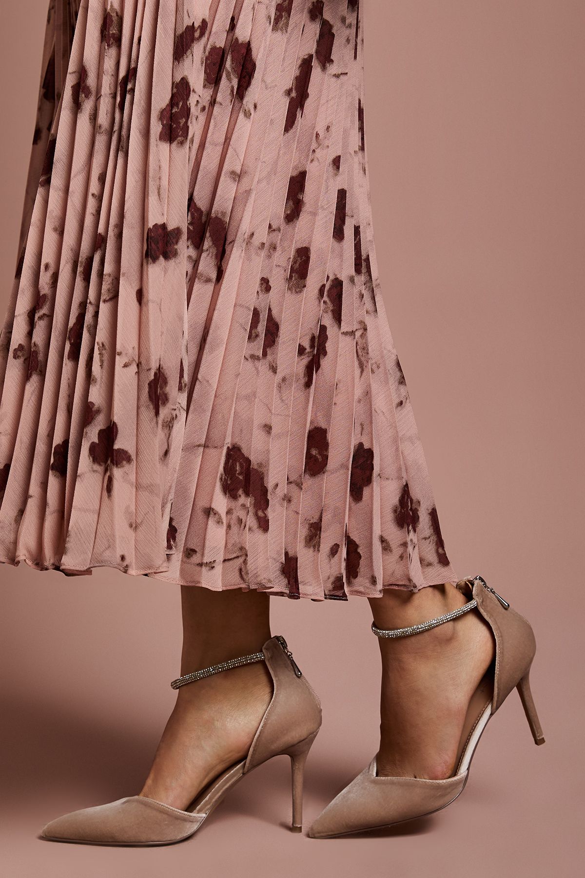 Coast Sicily Velvet Diamante Ankle Strap Pointed Court Shoes Champagne image 3