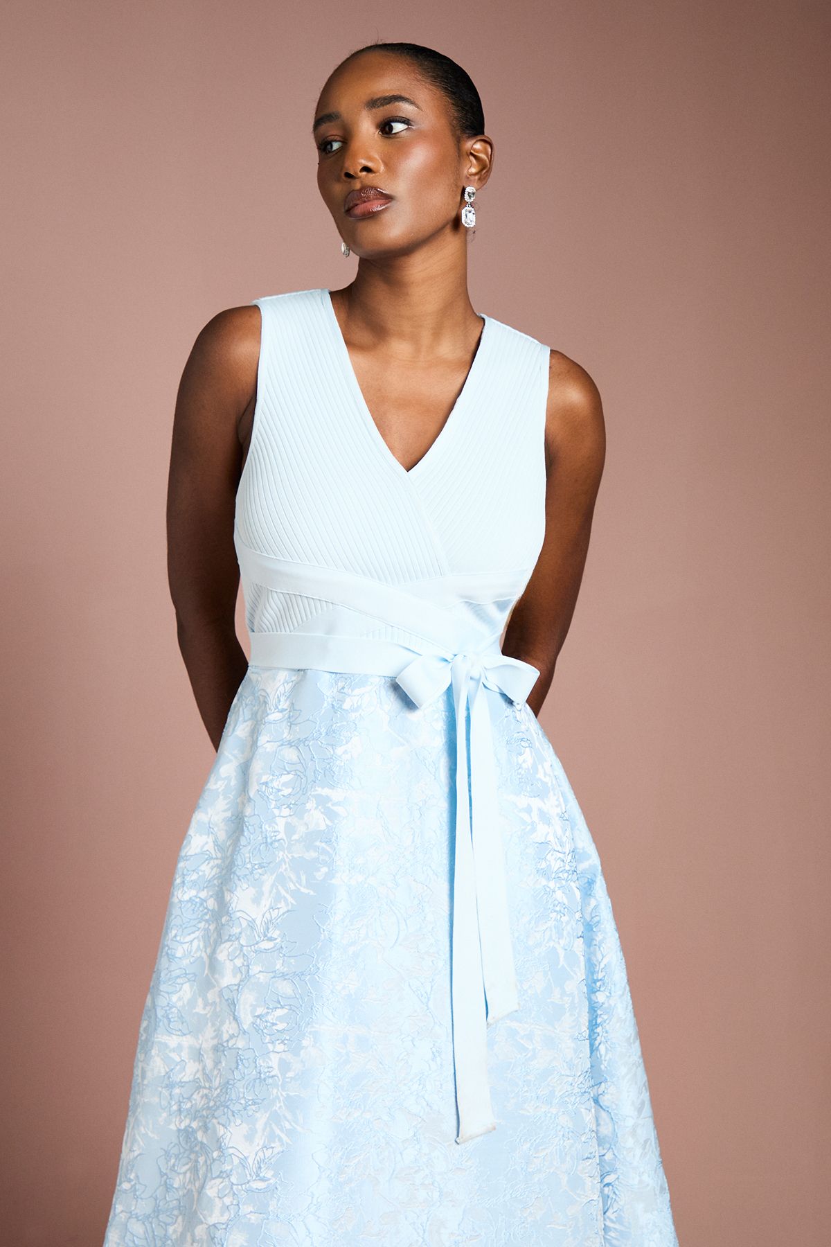 Coast Bandage Bodice Midi Dress with Jacquard Skirt Light Blue image 2