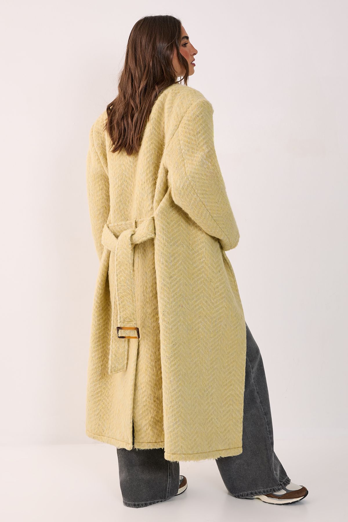 NastyGal Premium Double Breasted Brushed Herringbone Coat Butter image 4