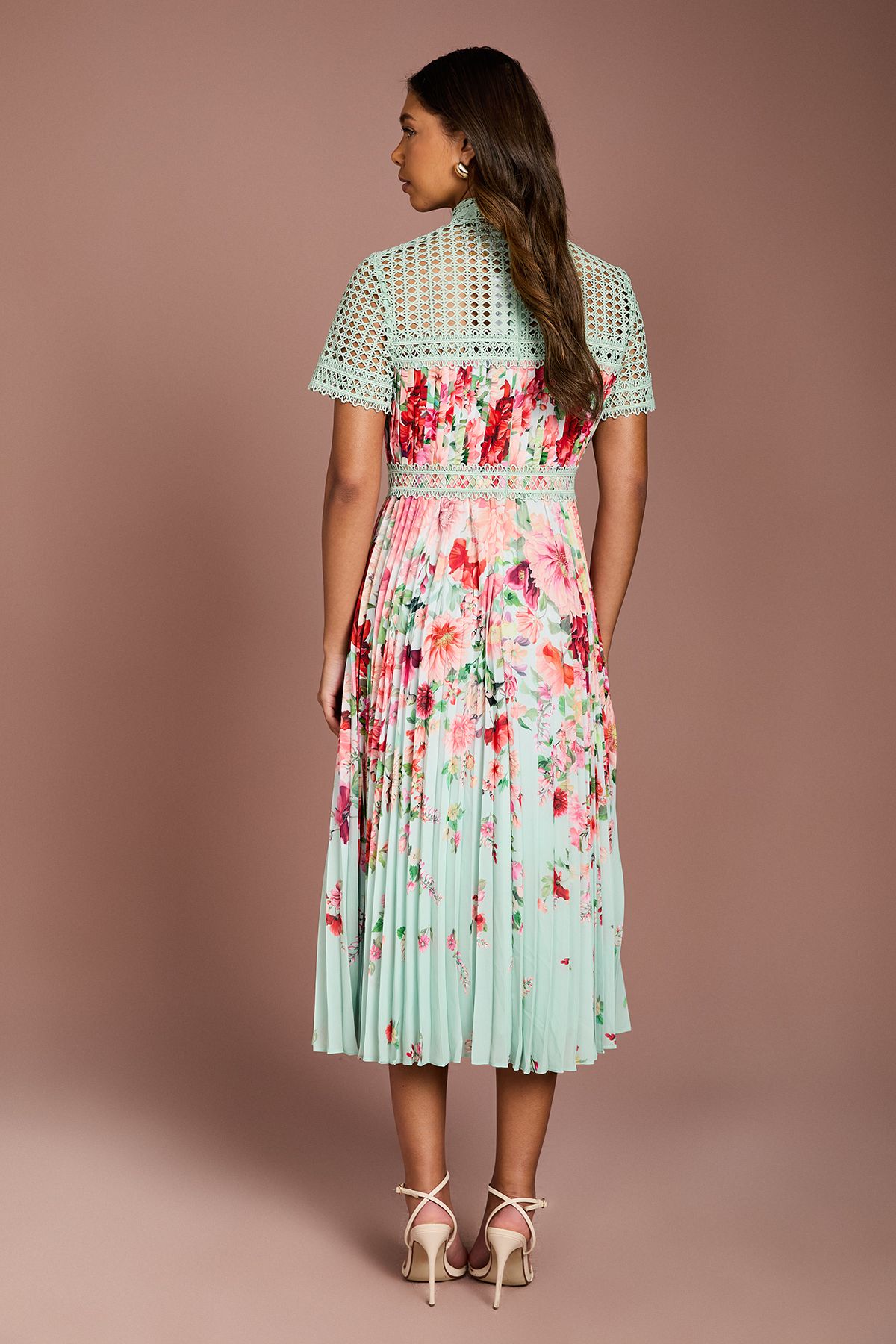 Coast Lisa Tan Lace Pleated Printed Midi Dress Sage image 3