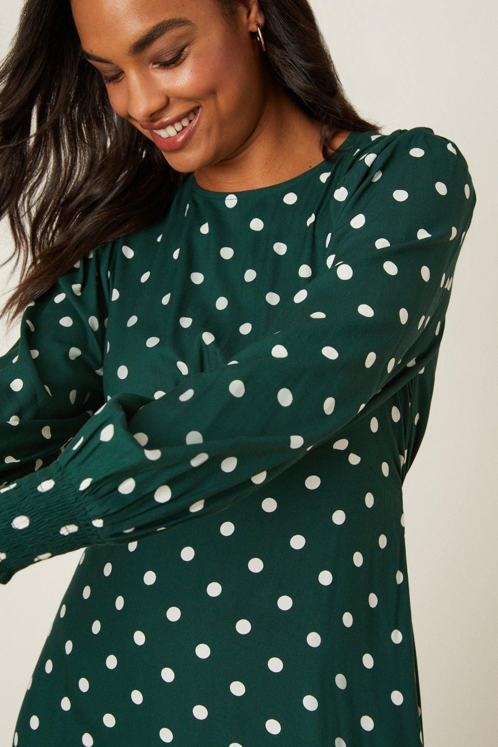 Dorothy Perkins Green Spot Long Sleeve Shirred Cuff Midi Dress Green image 5