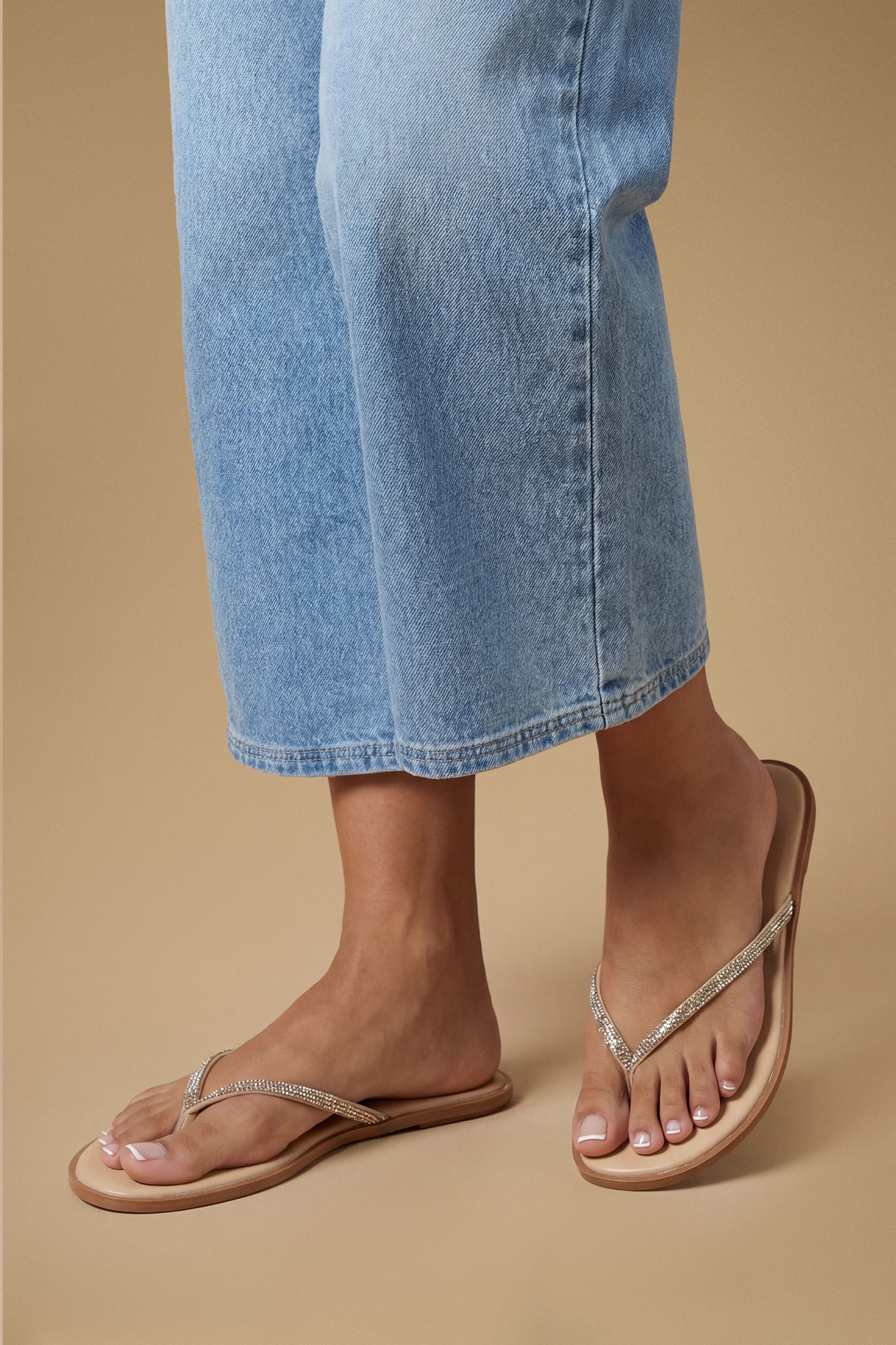 Dorothy Perkins Glimmer Faux Leather Embellished Flat Toe Post Sandals Beige