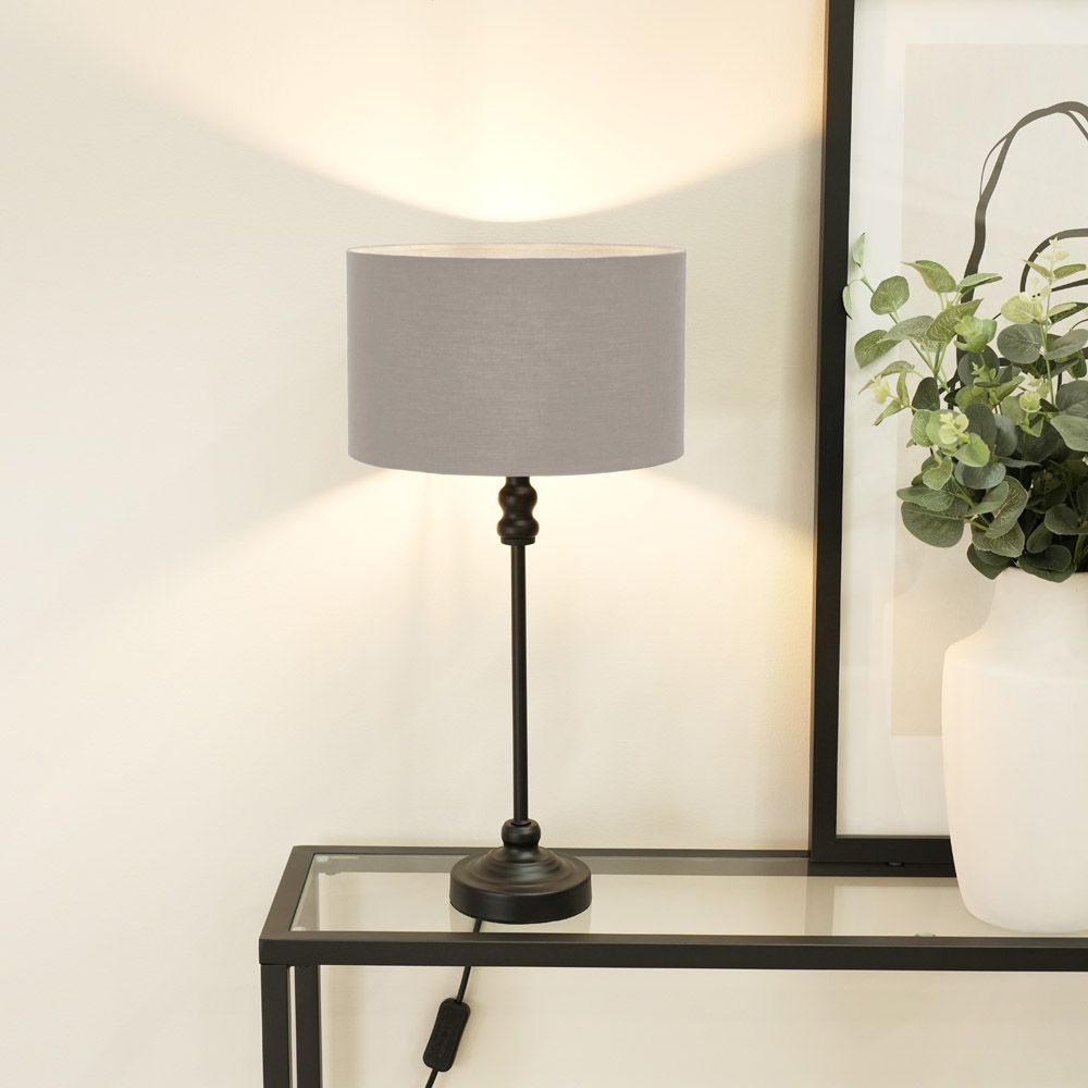 ValueLights Maggie Black Metal Candlestick Table Lamp with Fabric Drum Shade and LED Bulb image 1