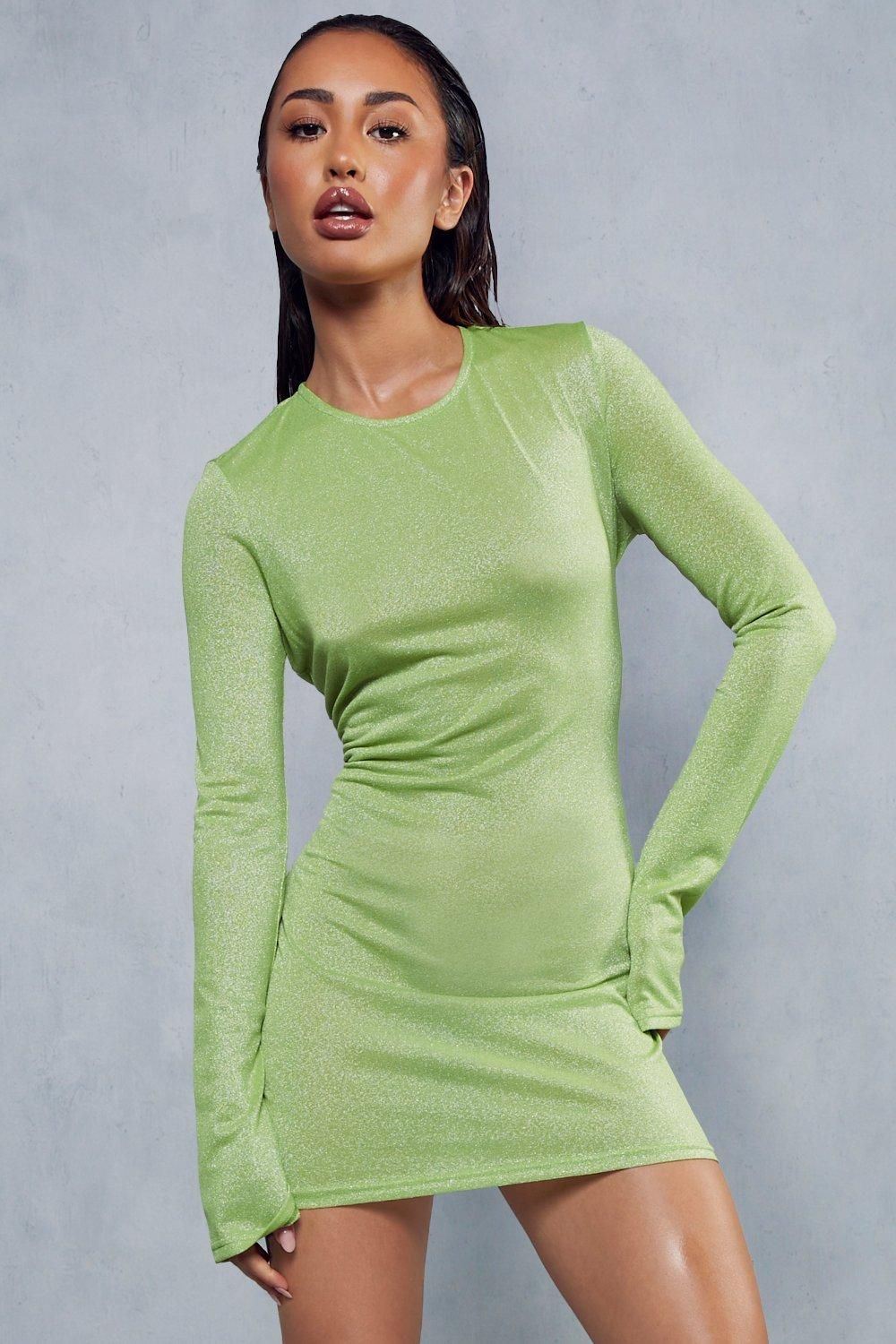 MissPap Glitter Long Sleeve Open Back Mini Dress Lime image 5