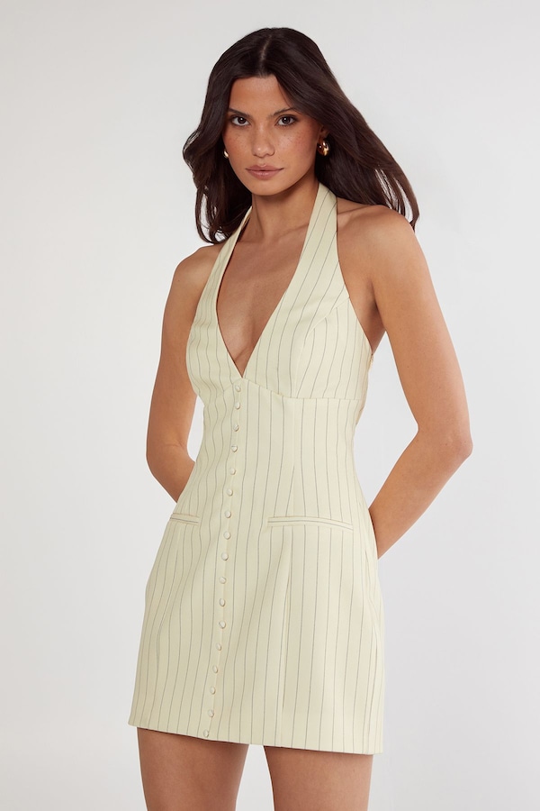 NastyGal Pinstripe Tailored Halter Waistcoat Dress Butter