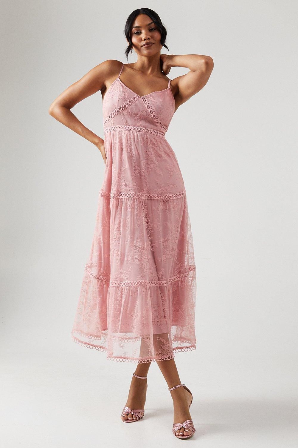 Oasis Petite Delicate Lace Trim Strappy Maxi Bridesmaid Dress Blush image 1