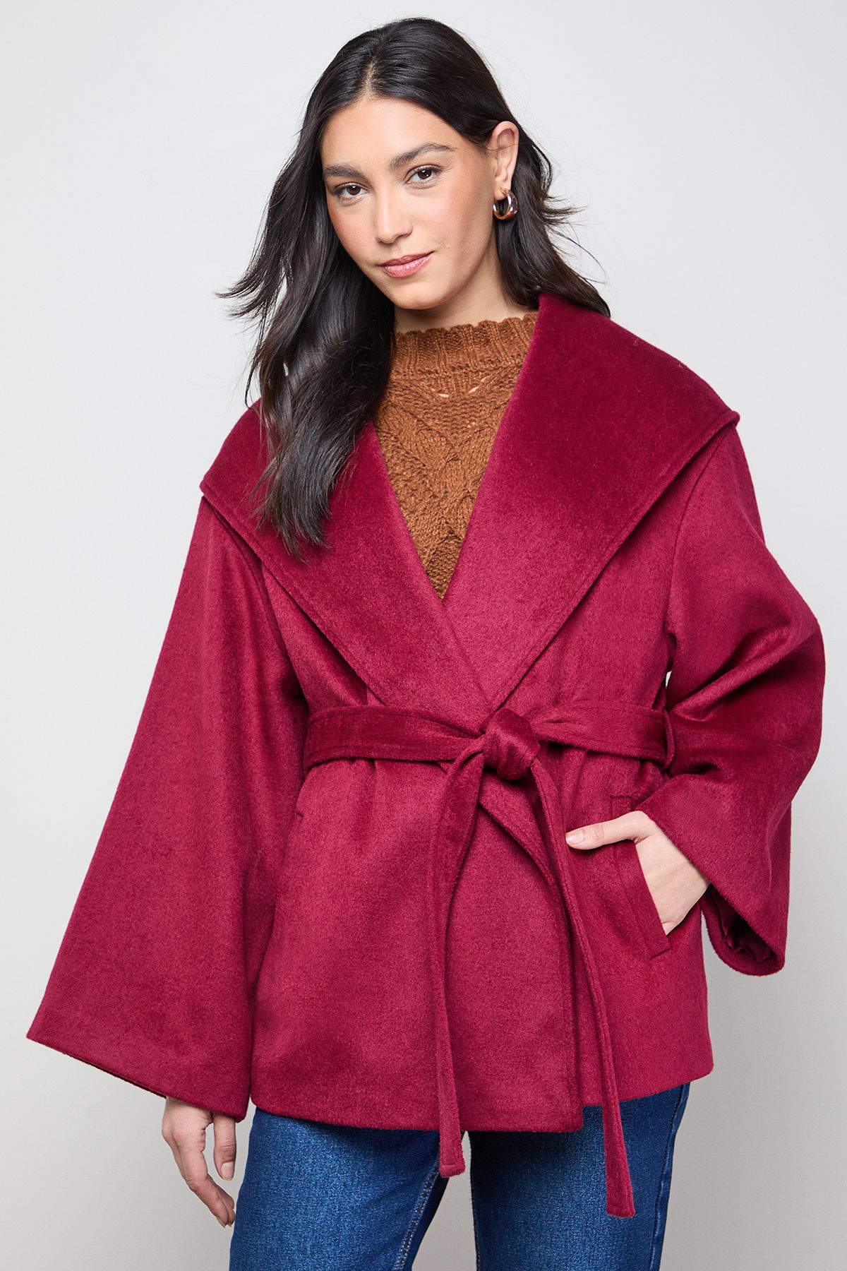 Oasis Hooded Cropped Belted Coat Berry