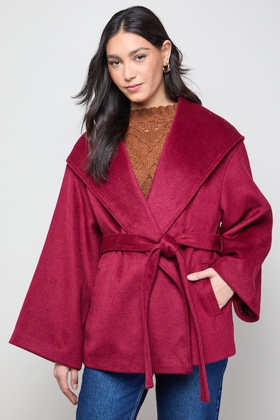 Oasis Hooded Cropped Belted Coat Berry