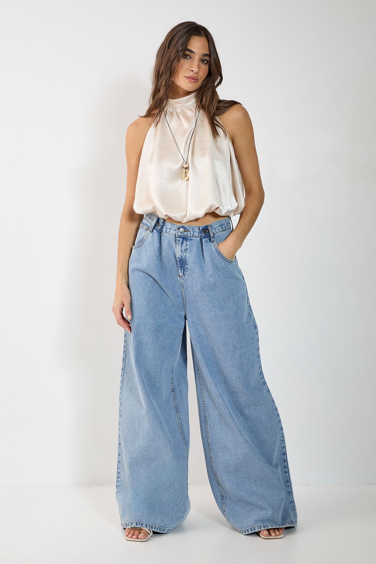 NastyGal Satin High Neck Puffball Top Oyster image 2