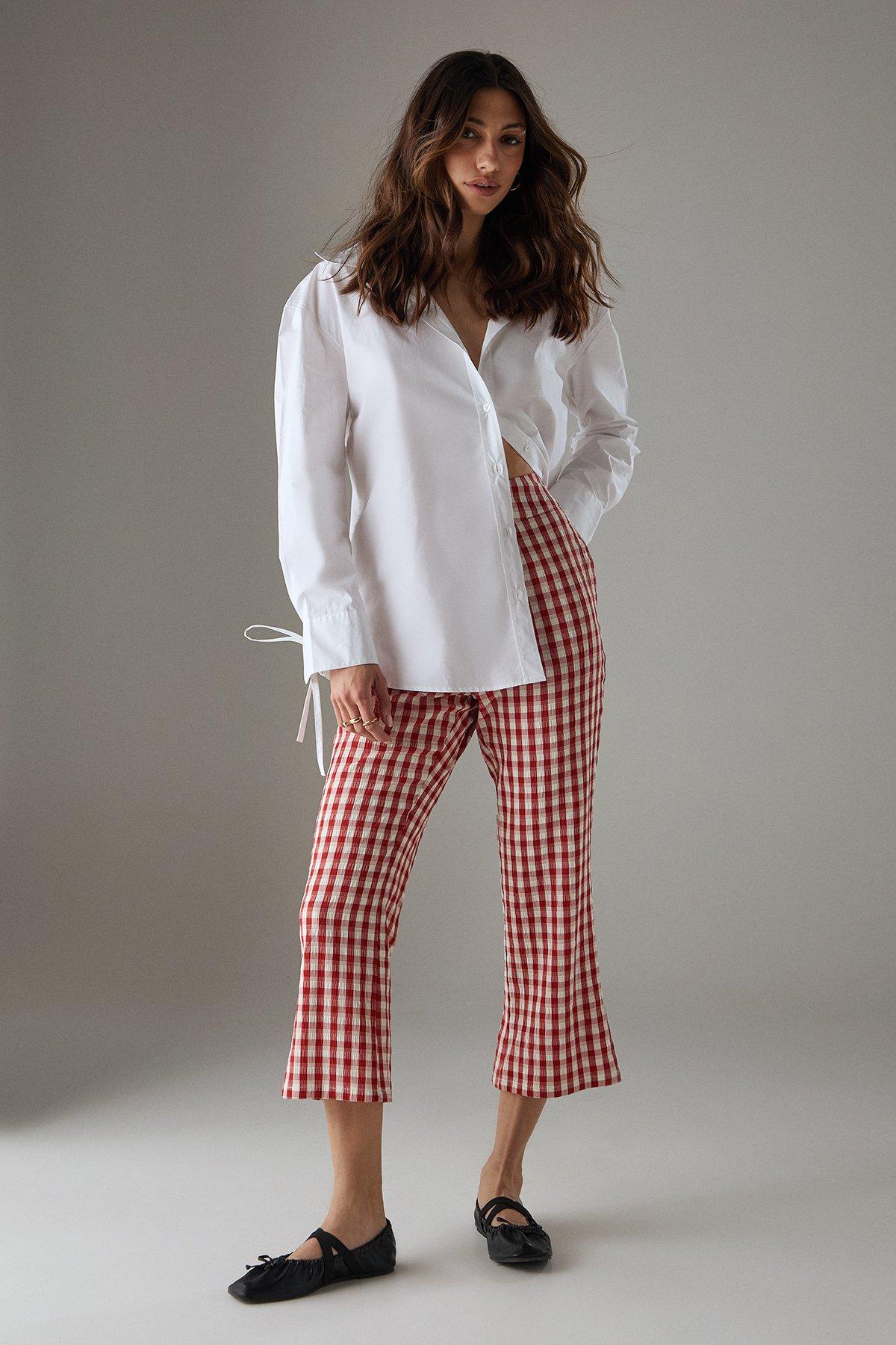 Warehouse Gingham High Waisted Cropped Trousers Red image 3