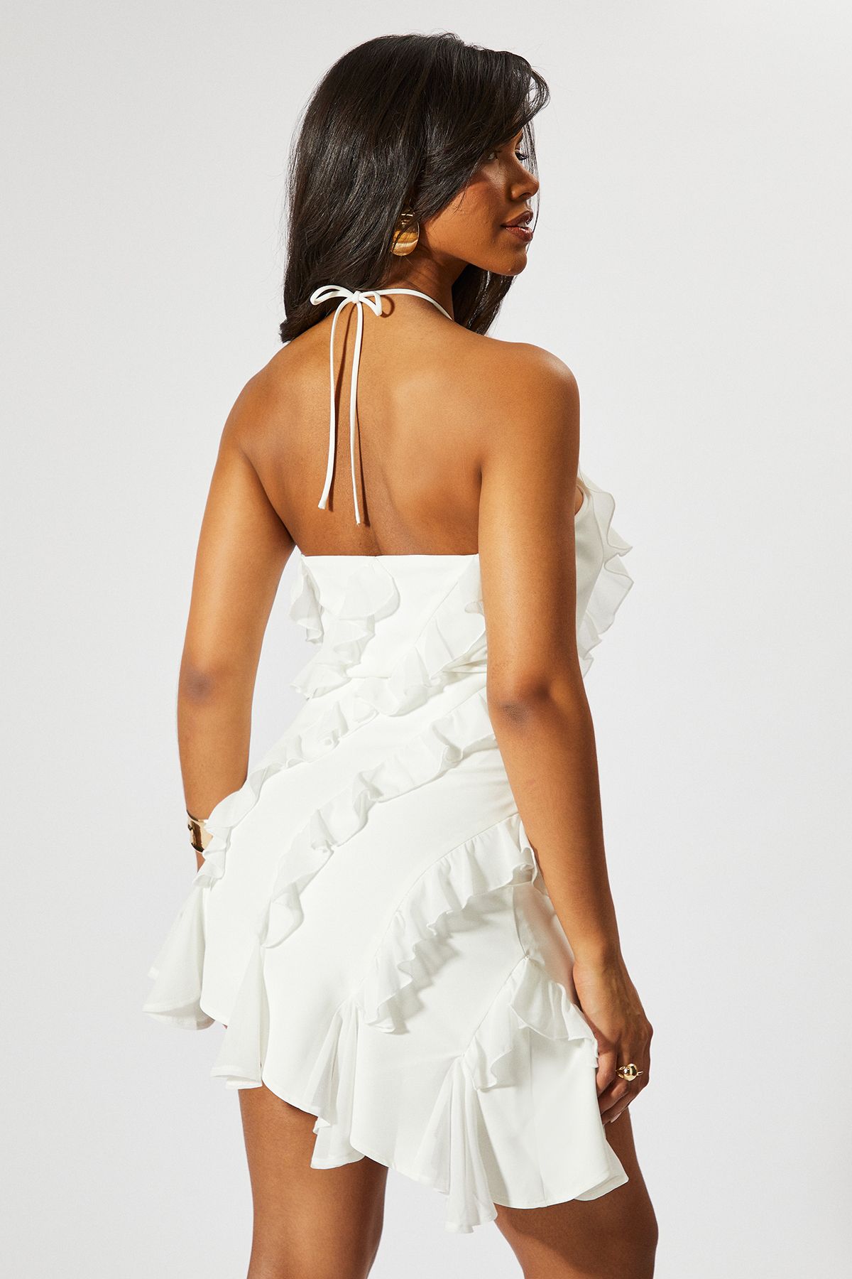 MissPap Frill Halter Neck Asymmetric Mini Dress White image 4