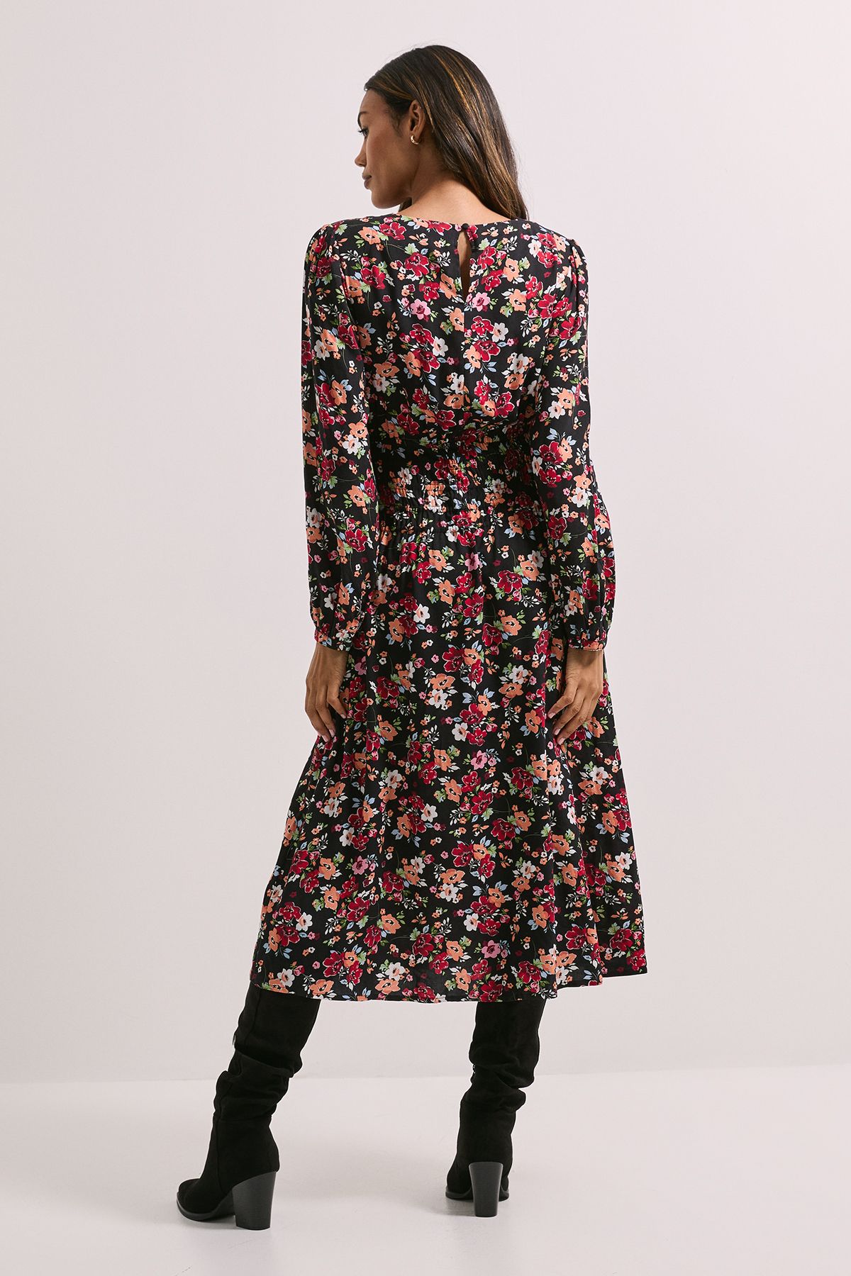 Dorothy Perkins Shirred Dropped Waist Detail Printed Midi Dress Orange image 3