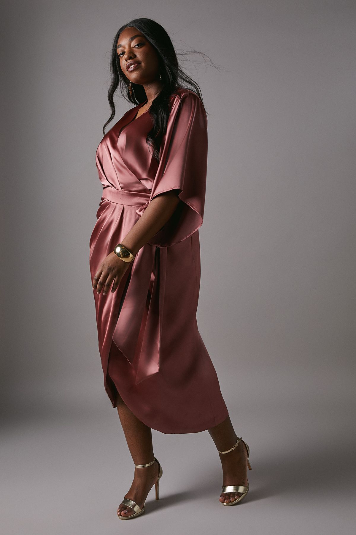 Coast Plus Satin Pleat Front Midi Wrap Dress Rose image 4