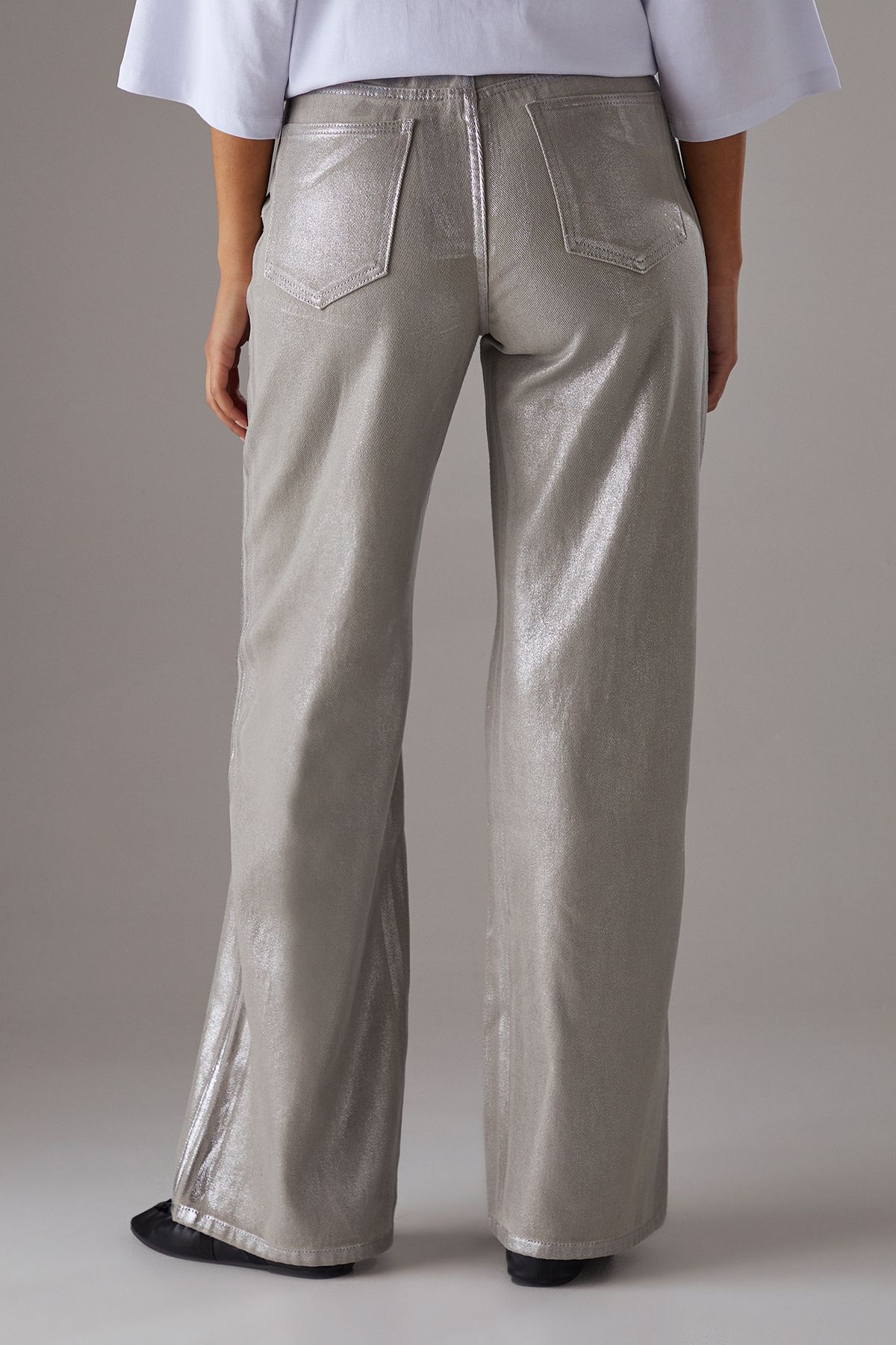 Warehouse Foil Coated High Waist Wide Leg Jeans Silver image 4