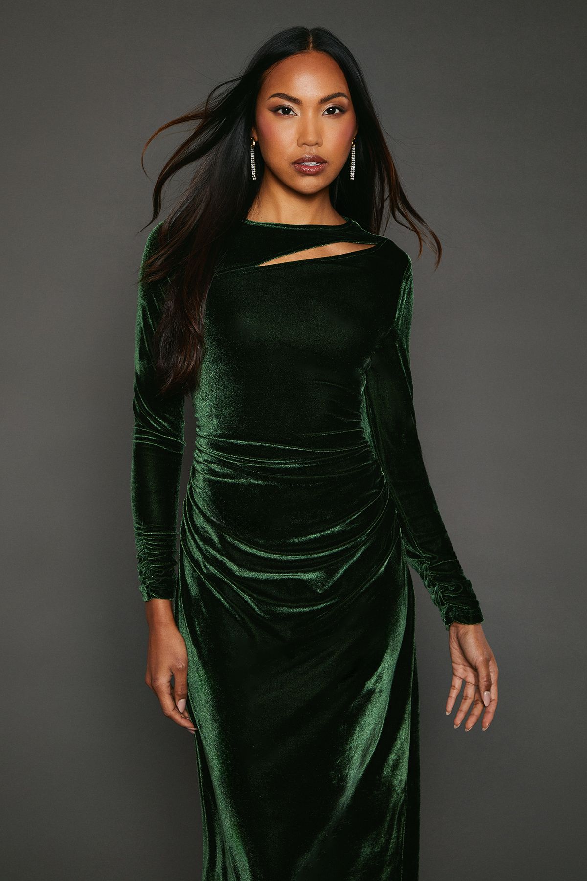 Principles Green Velvet Asymmetric Cut Out Midaxi Dress Forest image 1