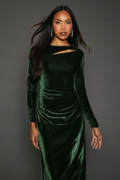 Principles Green Velvet Asymmetric Cut Out Midaxi Dress Forest