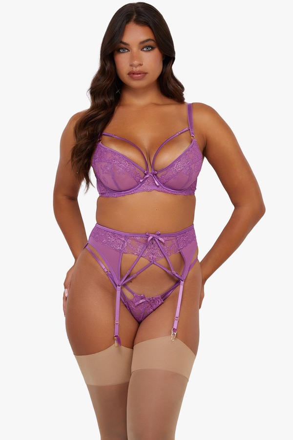 Playful Promises Rosanna Purple Embroidery Suspender Belt