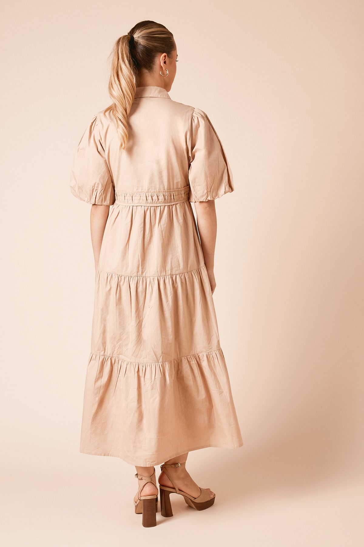 Dorothy Perkins Poplin Tiered Button Front Shirt Dress Neutral image 3