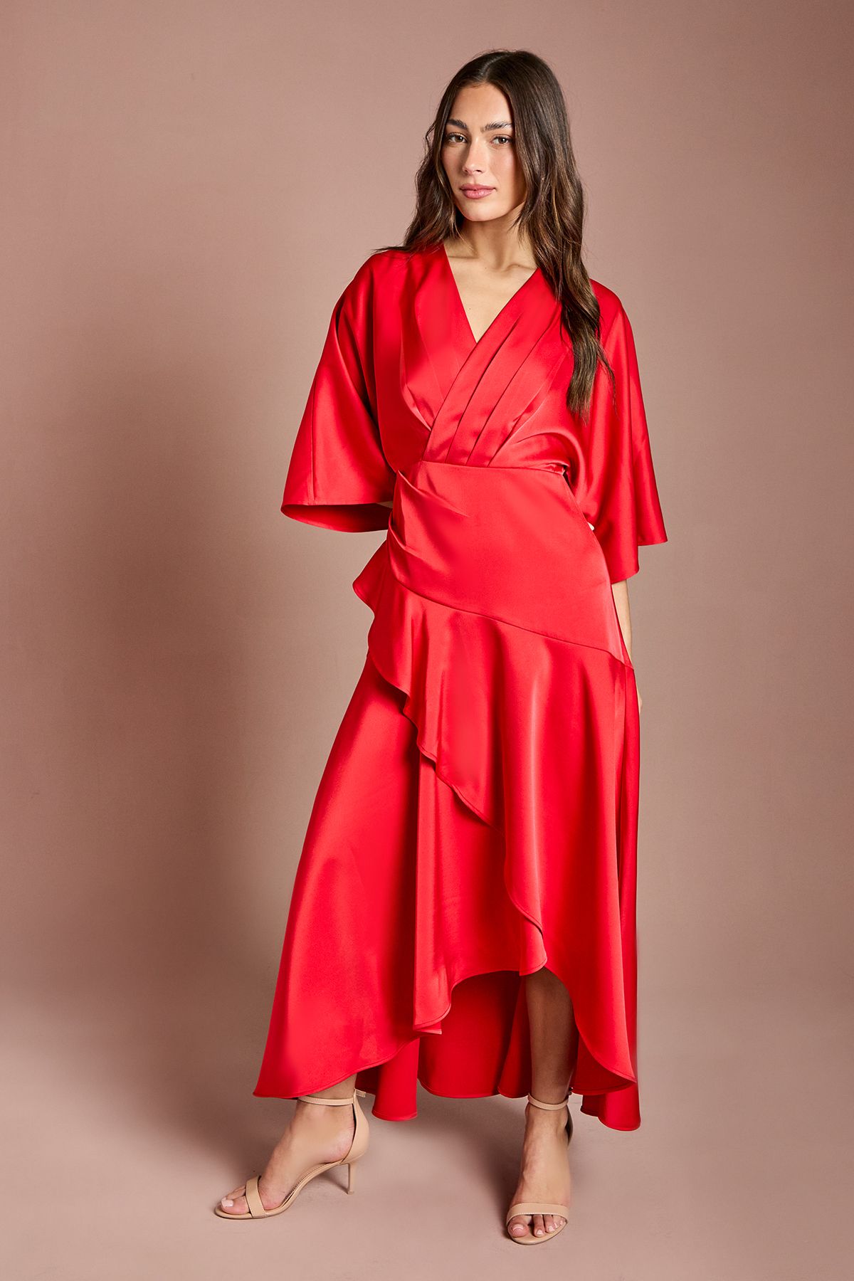 Coast Satin Back Crepe Ruffle Wrap Midi Dress Flame Red image 1