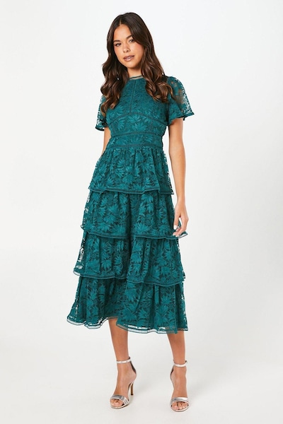 Coast Petite Tiered Lace Dress With Flutter Sleeve & Trims Dark Green