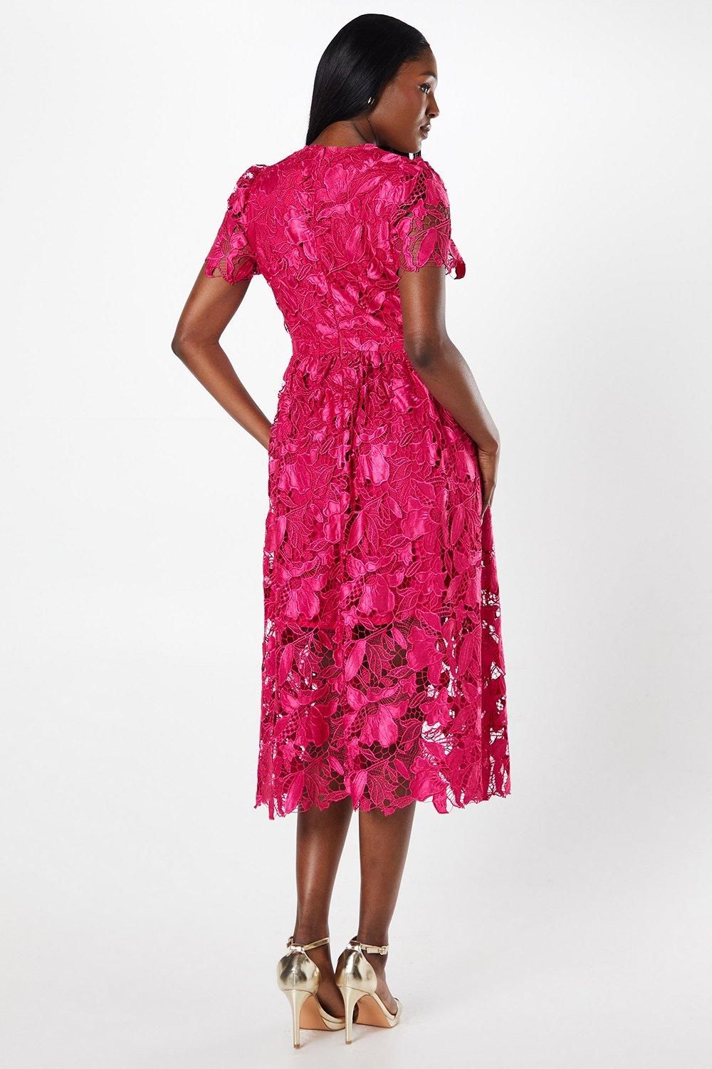 Coast Premium Floral Satin Lace Midi Dress Magenta Pink image 3