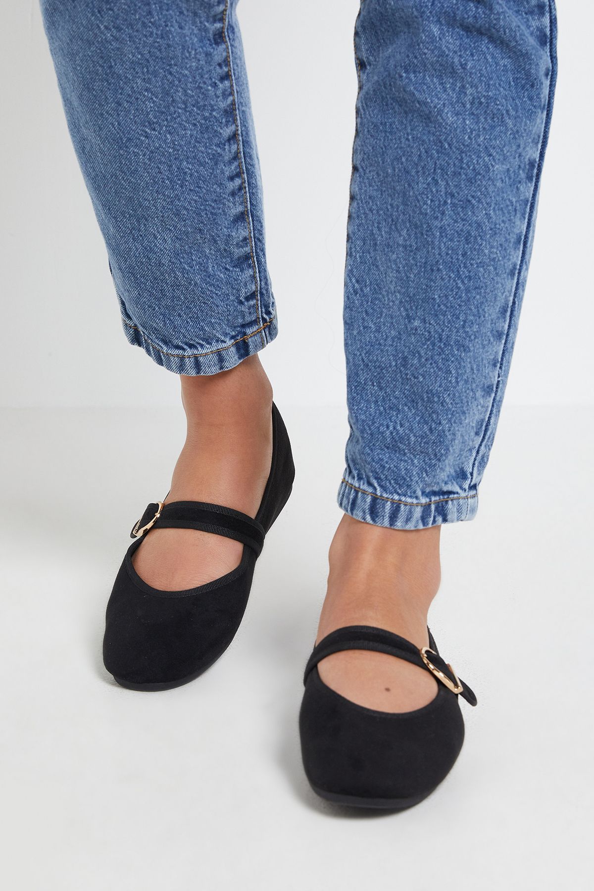 Dorothy Perkins Poppy Faux Suede MaryJane Buckle Ballet Pumps Natural Black image 2