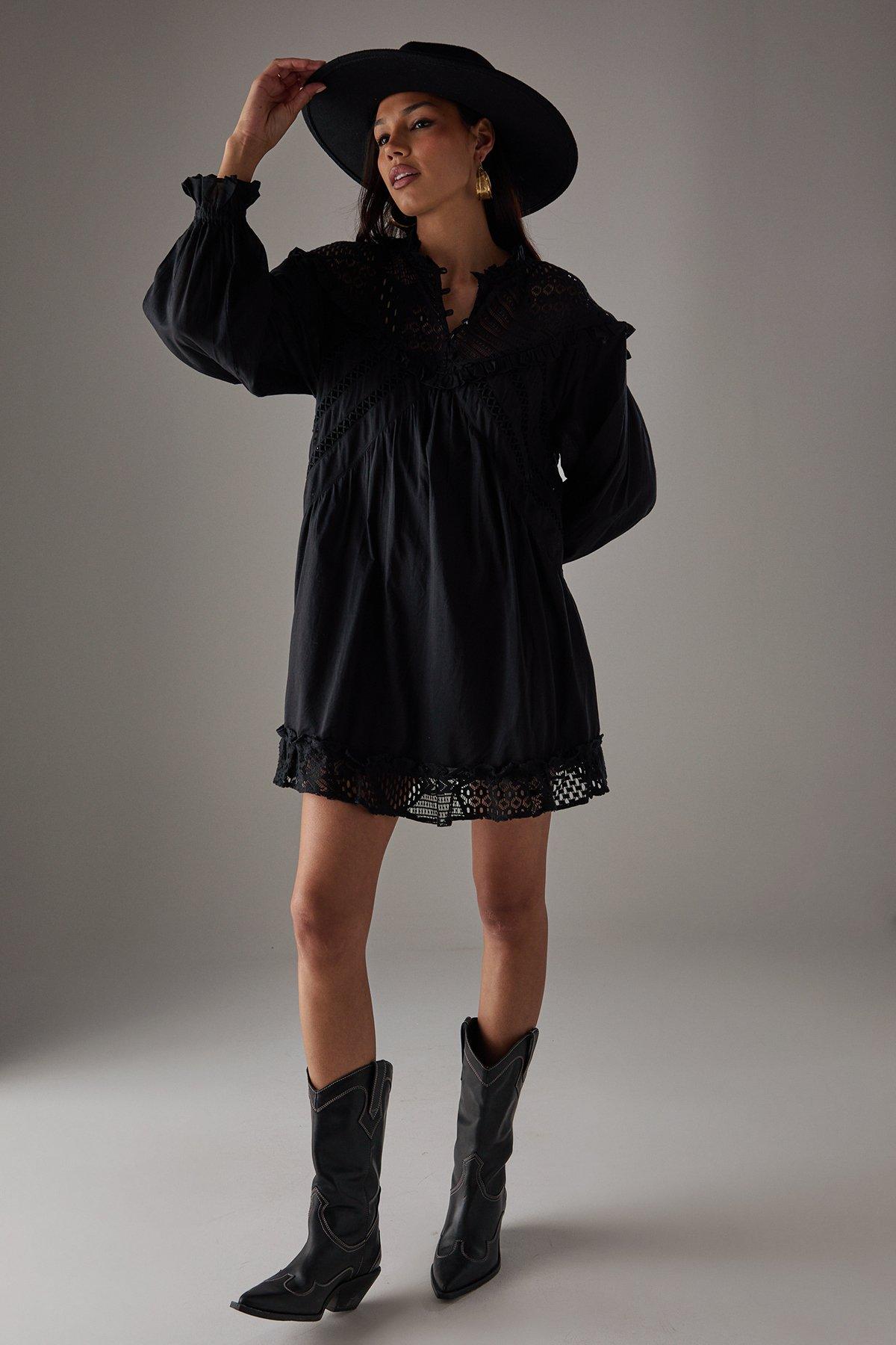 Warehouse HCD Cotton Lace Insert Mini Smock Dress Black image 2