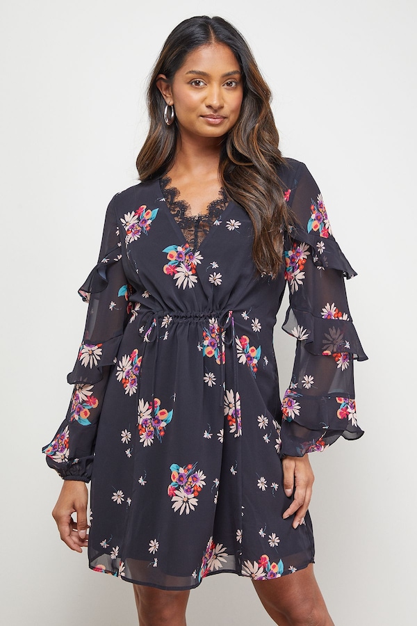 Oasis Printed Lace Detail Frill Sleeve Mini Dress Multi