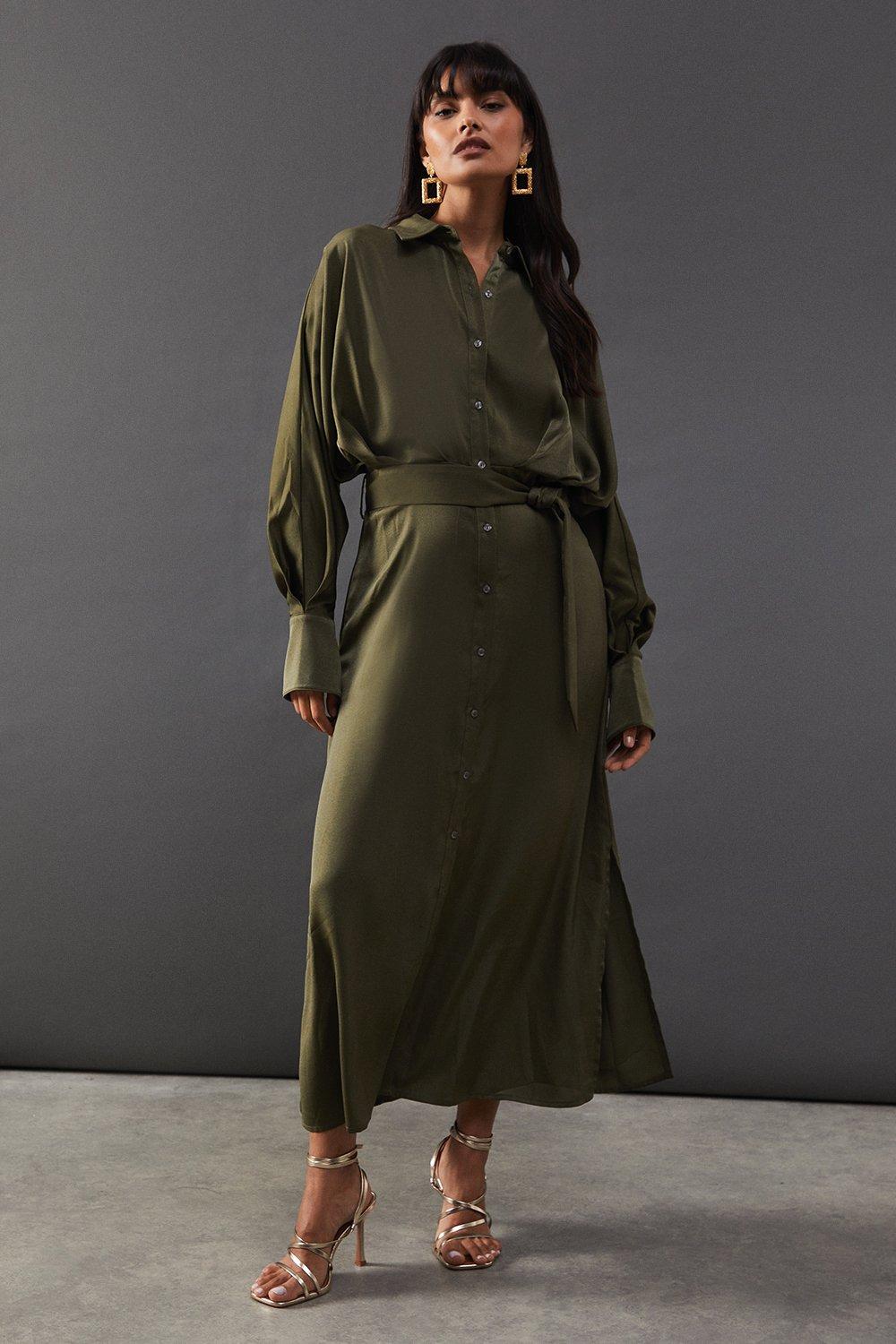Warehouse Satin Batwing Split Side Midi Shirt Dress Olive image 1